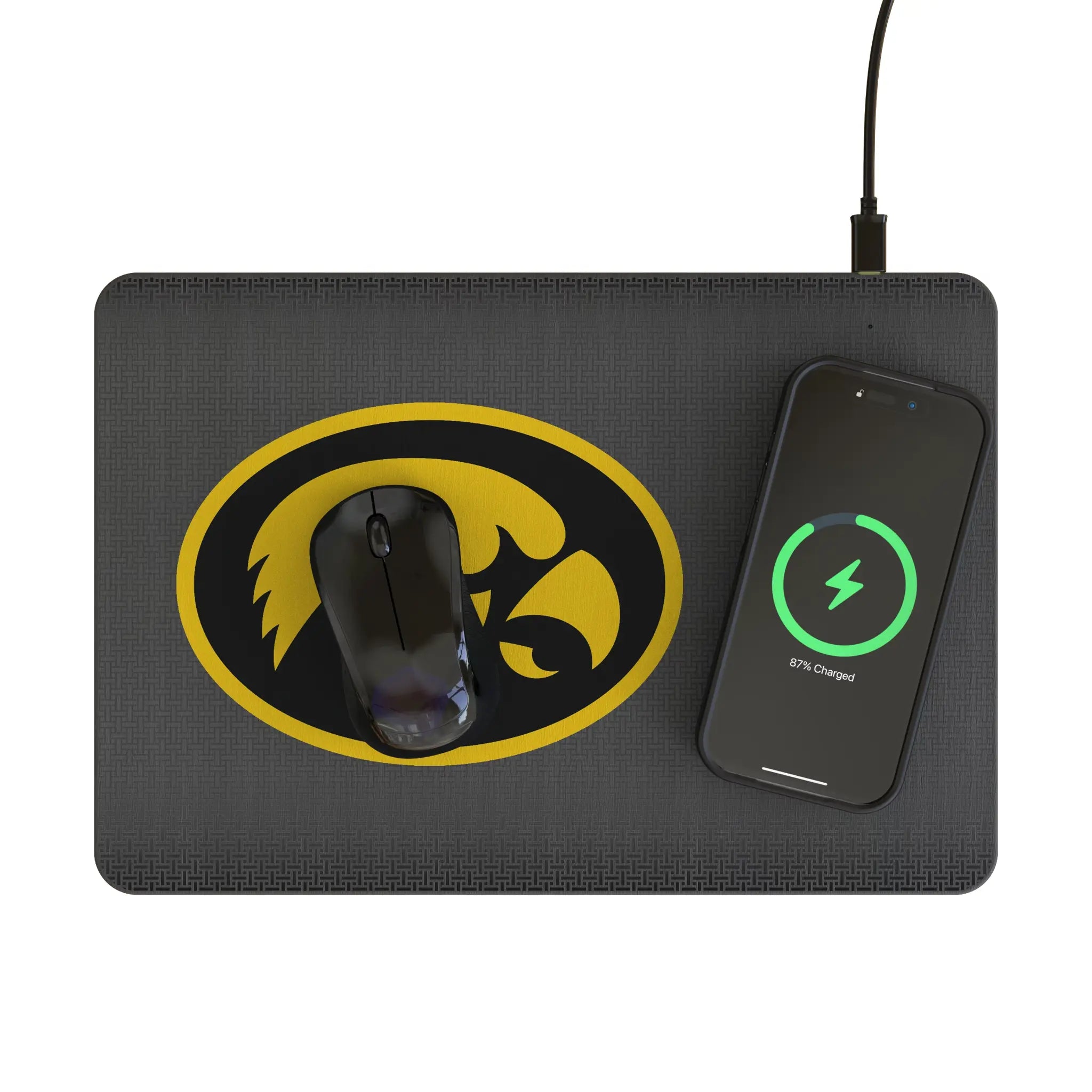 University of Iowa Hawkeyes Linen 15-Watt Wireless Charger and Mouse Pad - Lifestyle