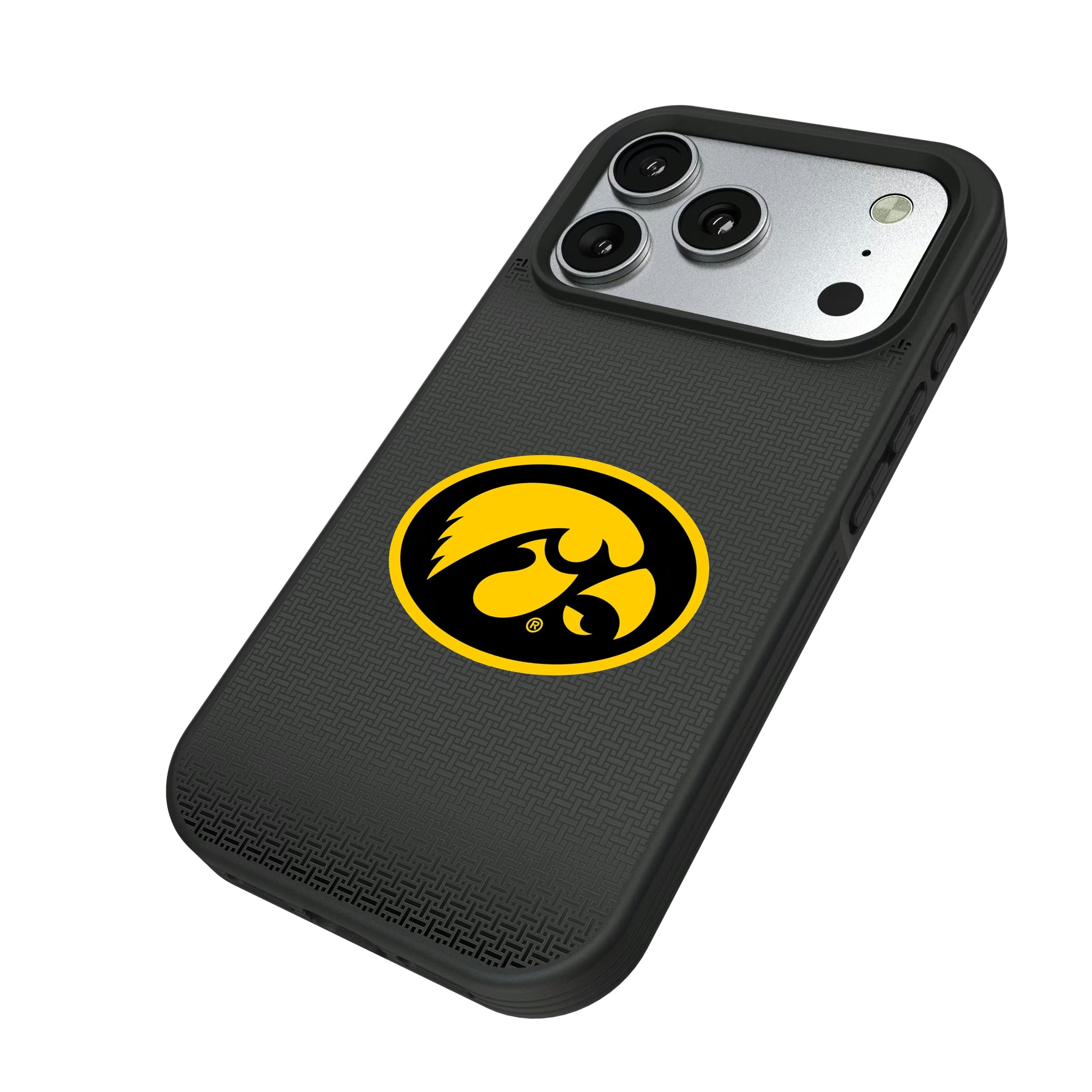 University of Iowa Hawkeyes Linen iPhone Bump Phone Case for Apple iPhone - Isometric View#Device_iPhone 17 Pro