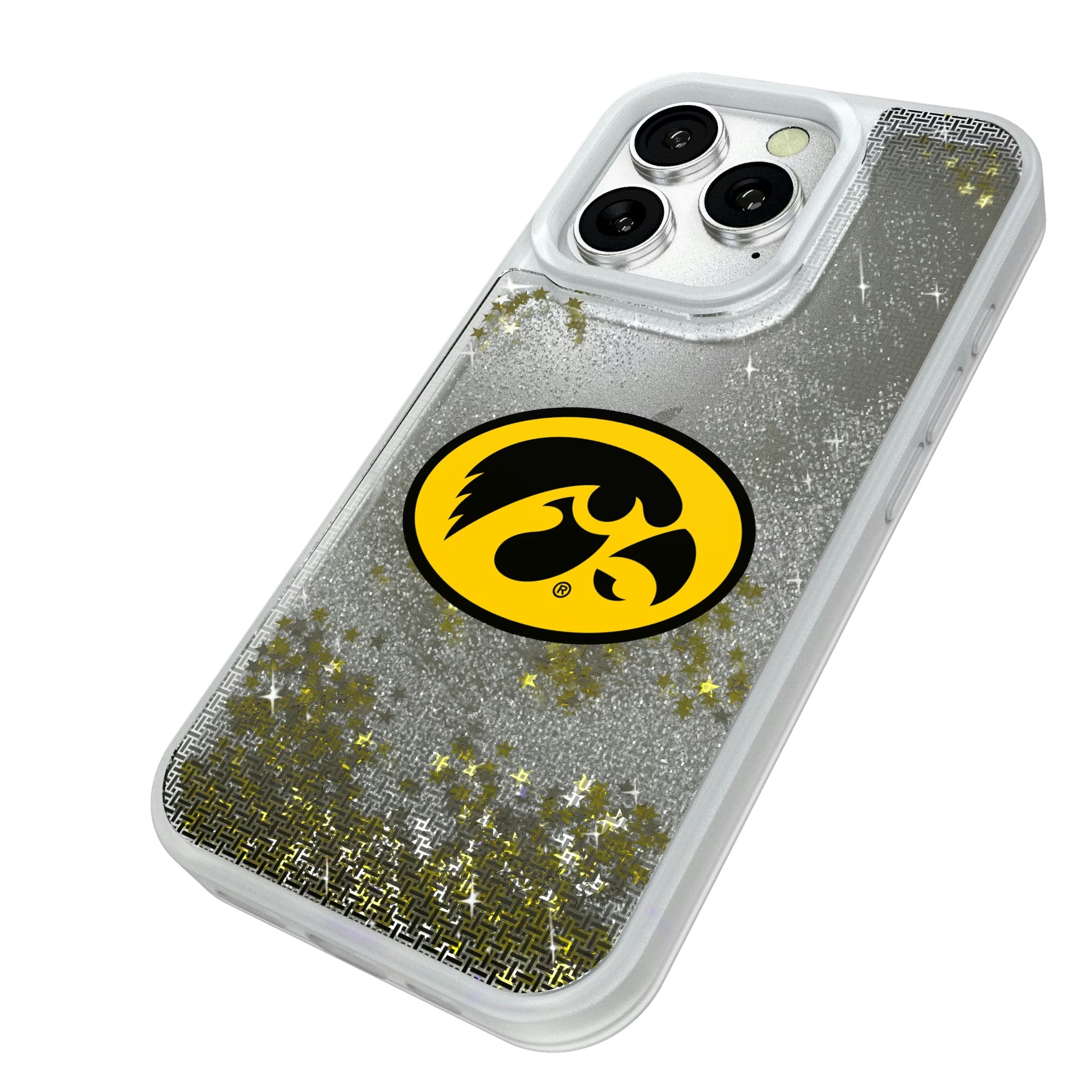 University of Iowa Hawkeyes Linen iPhone Glitter Phone Case for Apple iPhone - Isometric View#Device_iPhone 16 Pro