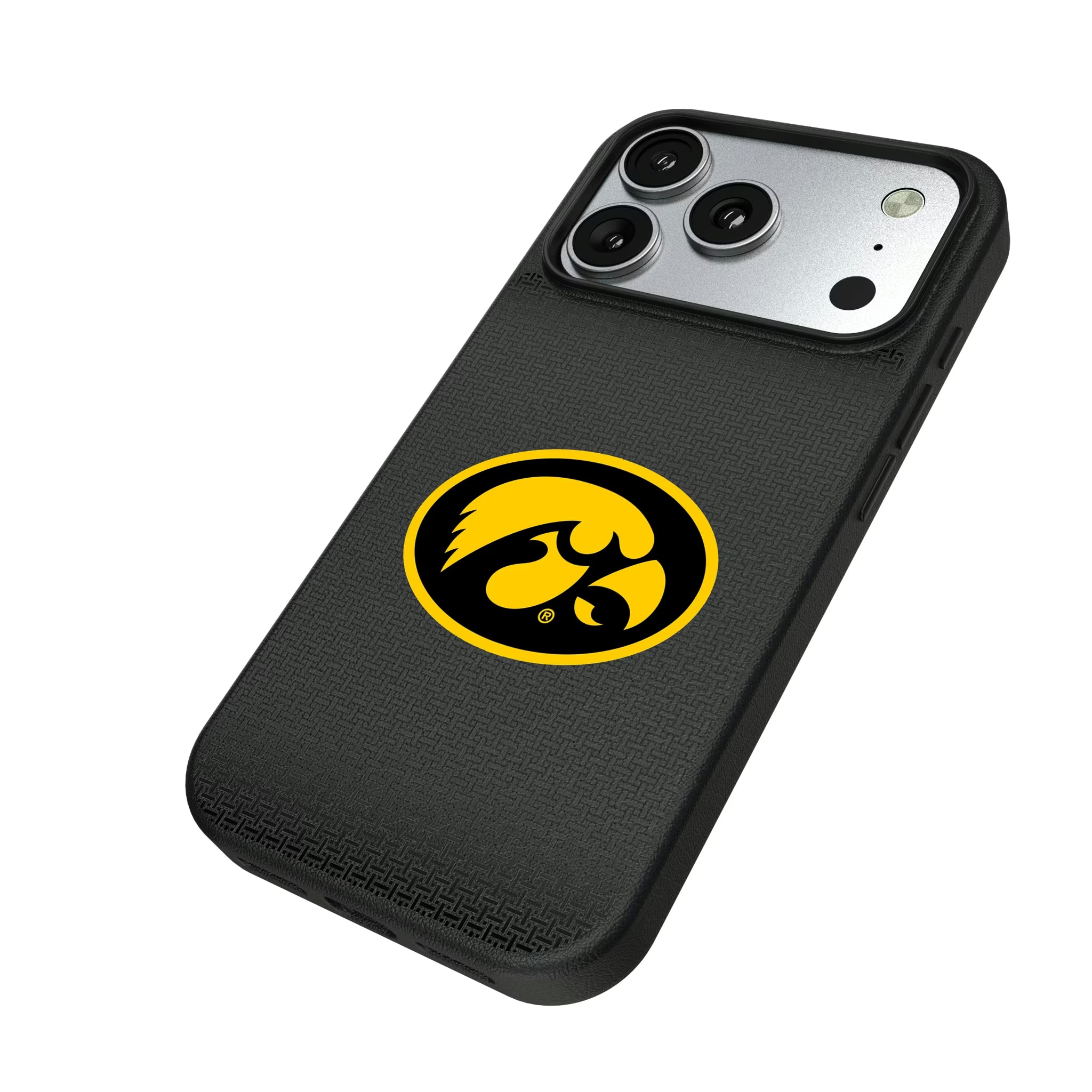 University of Iowa Hawkeyes Linen iPhone MagSafe Compatible Phone Case for Apple iPhone - Isometric View#Device_iPhone 17 Pro