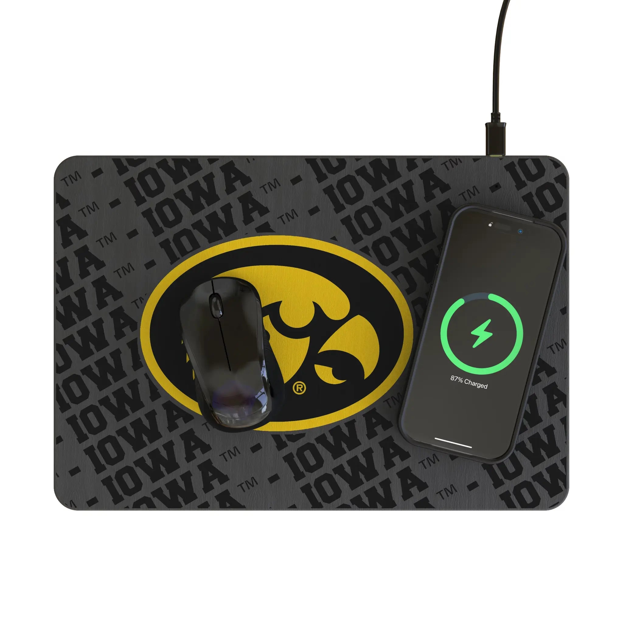 University of Iowa Hawkeyes Monocolor Tilt 15-Watt Wireless Charger and Mouse Pad - Lifestyle