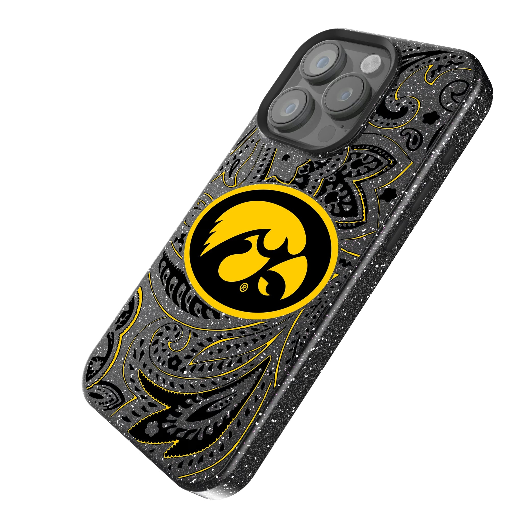 University of Iowa Hawkeyes Paisley iPhone Bling Phone Case for Apple iPhone - Isometric View