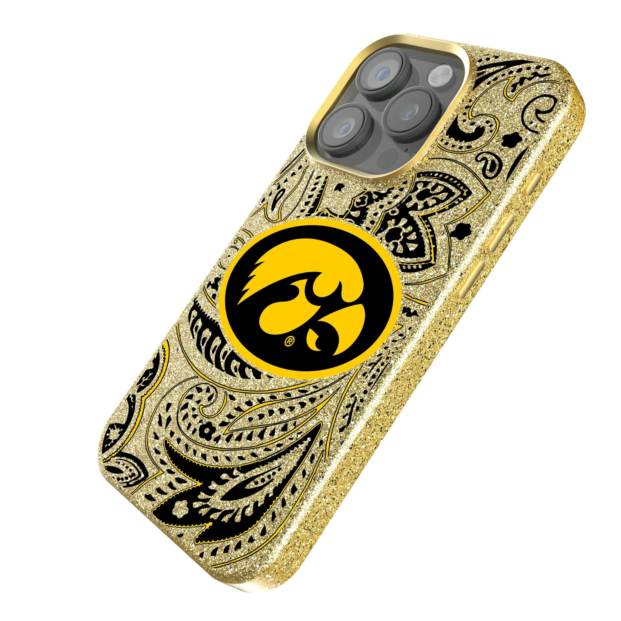 University of Iowa Hawkeyes Paisley iPhone Bling Phone Case for Apple iPhone - Isometric View