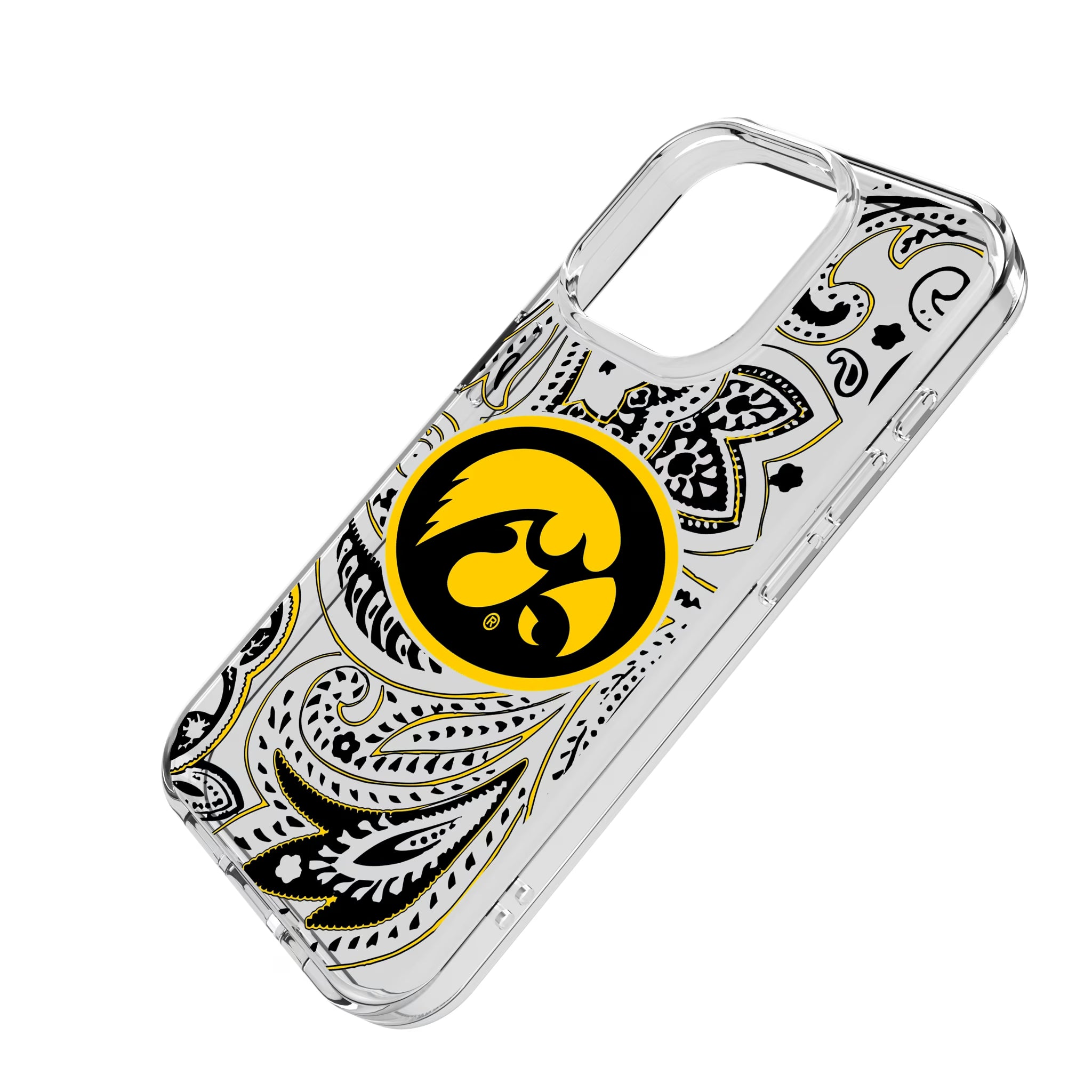University of Iowa Hawkeyes Paisley iPhone Clear Phone Case for Apple iPhone - Isometric View