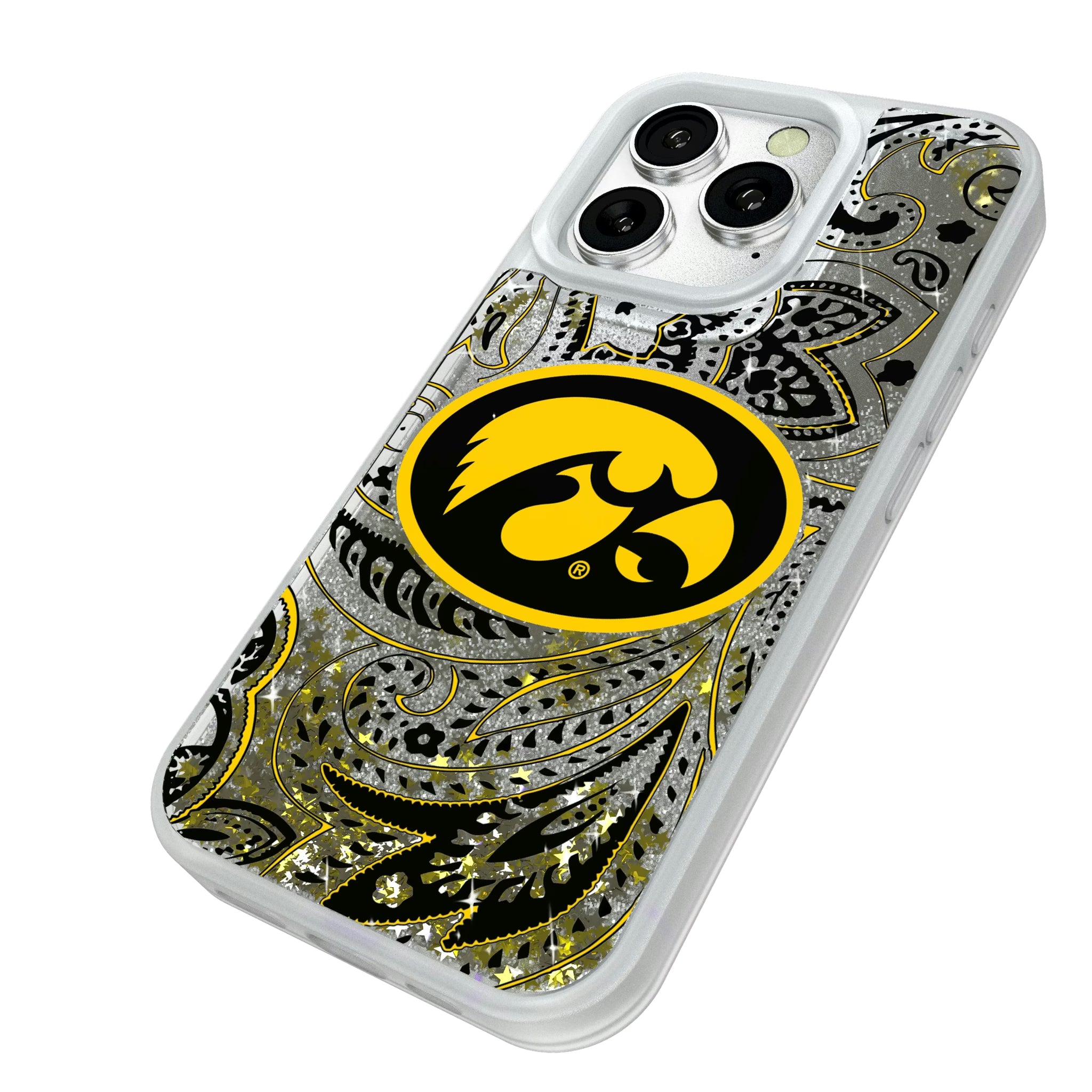 University of Iowa Hawkeyes Paisley iPhone Glitter Phone Case for Apple iPhone - Isometric View#Device_iPhone 16 Pro