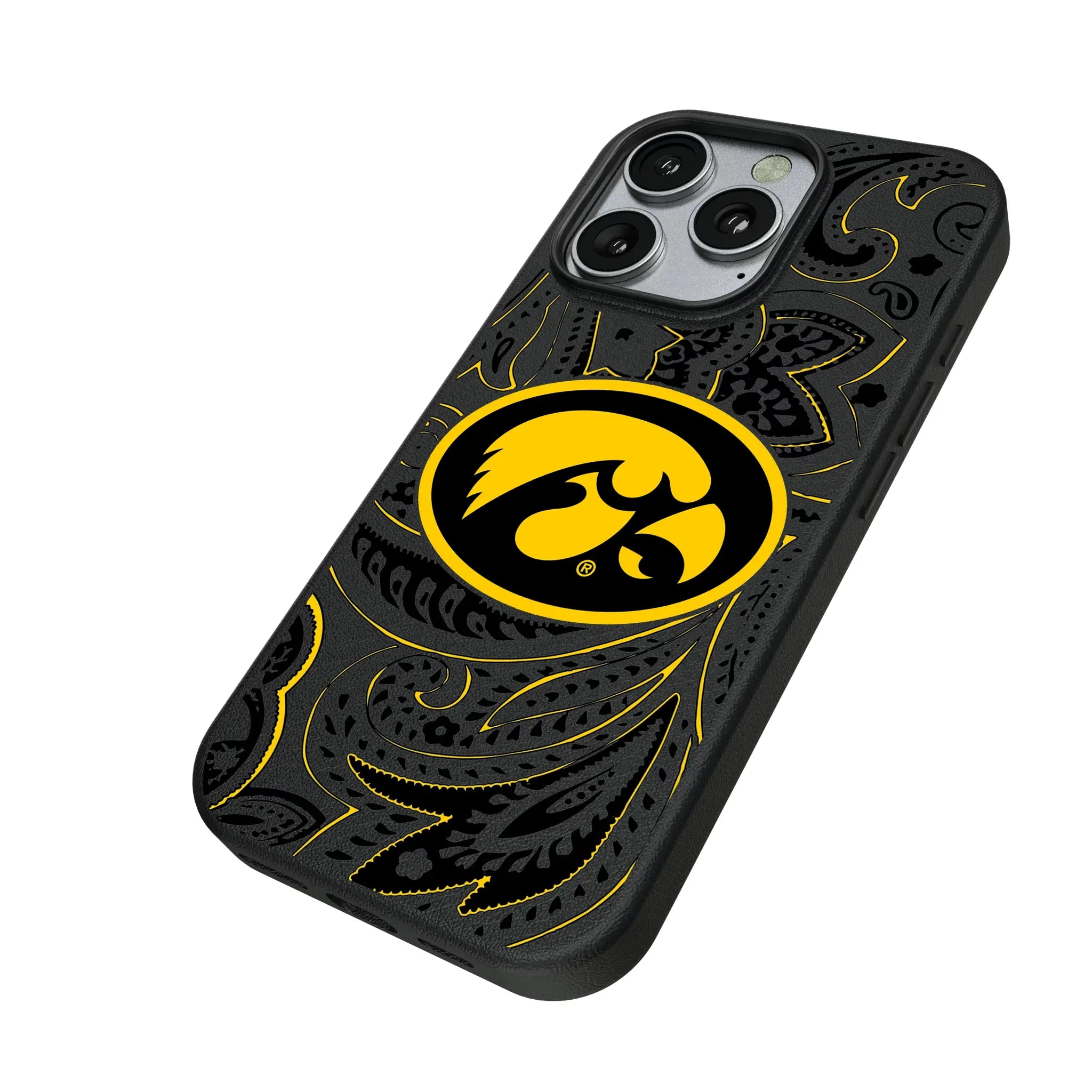 University of Iowa Hawkeyes Paisley iPhone MagSafe Compatible Phone Case for Apple iPhone - Isometric View