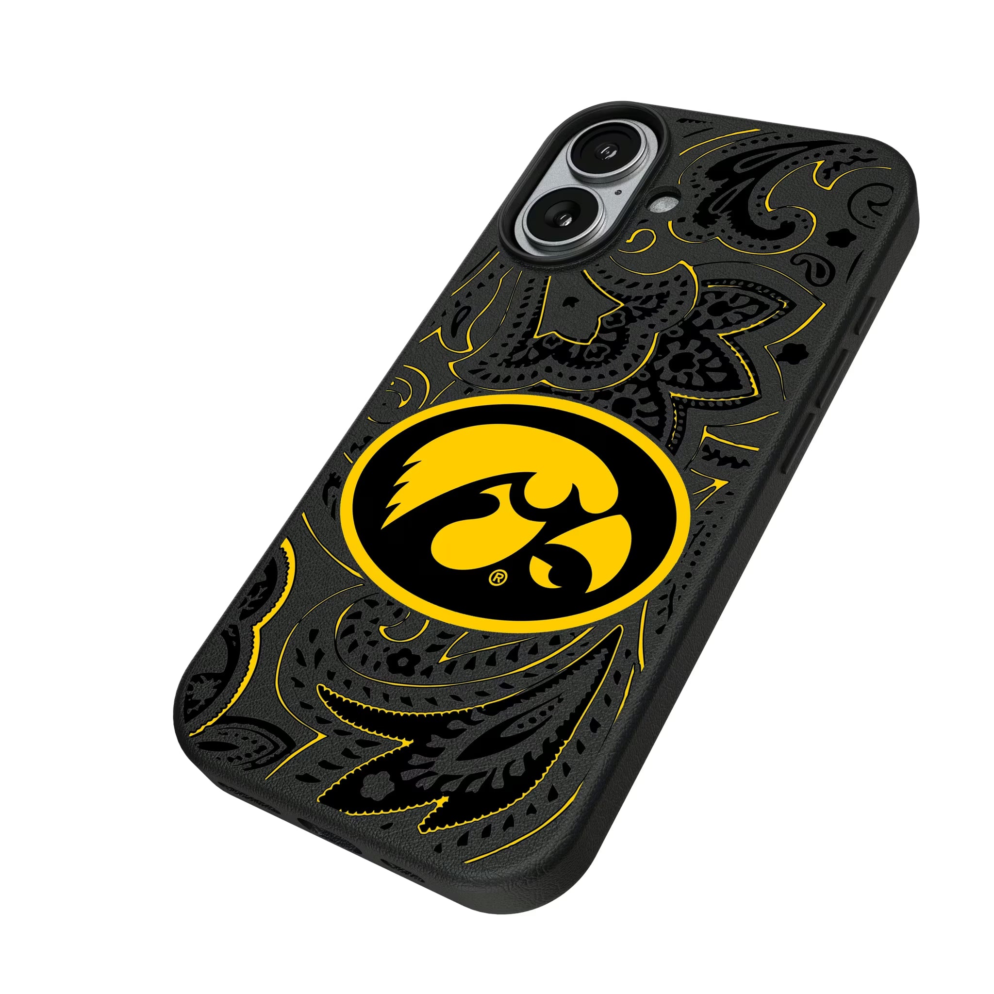 University of Iowa Hawkeyes Paisley iPhone MagSafe Compatible Phone Case for Apple iPhone - Isometric View#Device_iPhone 17