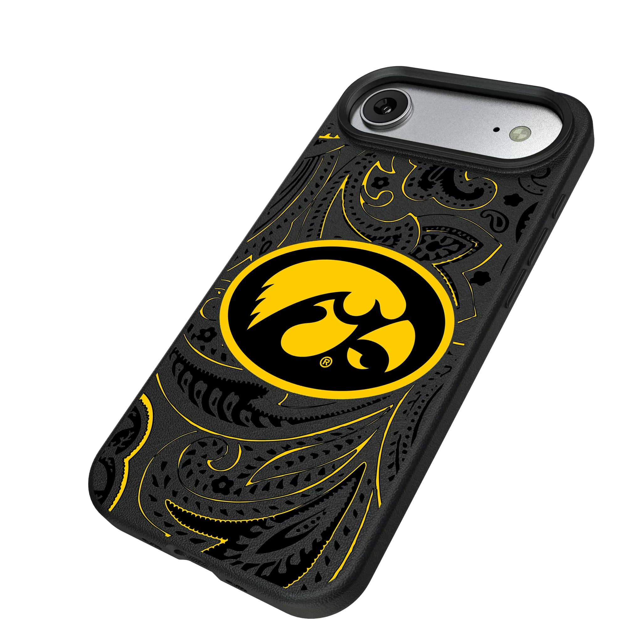University of Iowa Hawkeyes Paisley iPhone MagSafe Compatible Phone Case for Apple iPhone - Isometric View#Device_iPhone Air