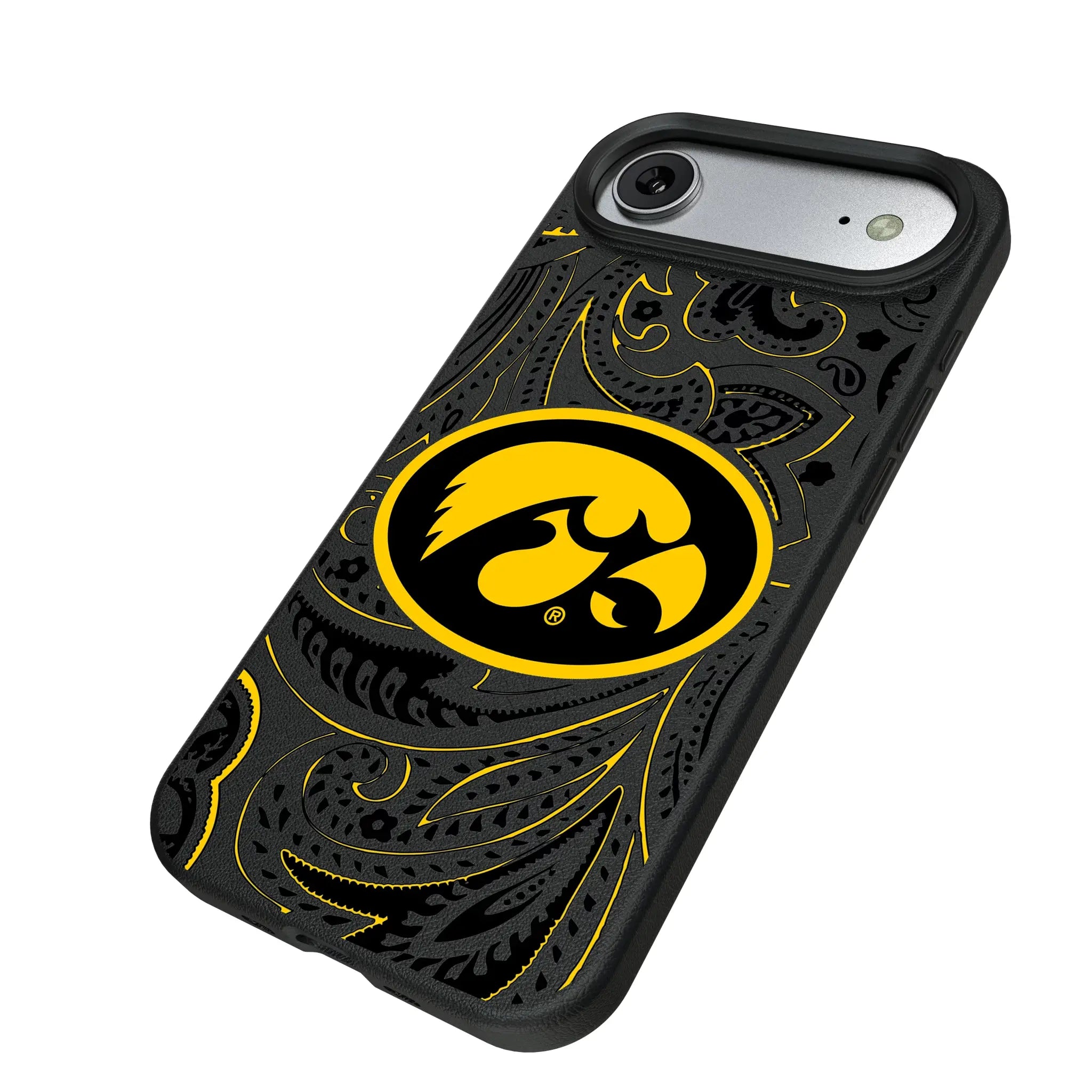 University of Iowa Hawkeyes Paisley iPhone MagSafe Compatible Phone Case for Apple iPhone - Isometric View#Device_iPhone Air