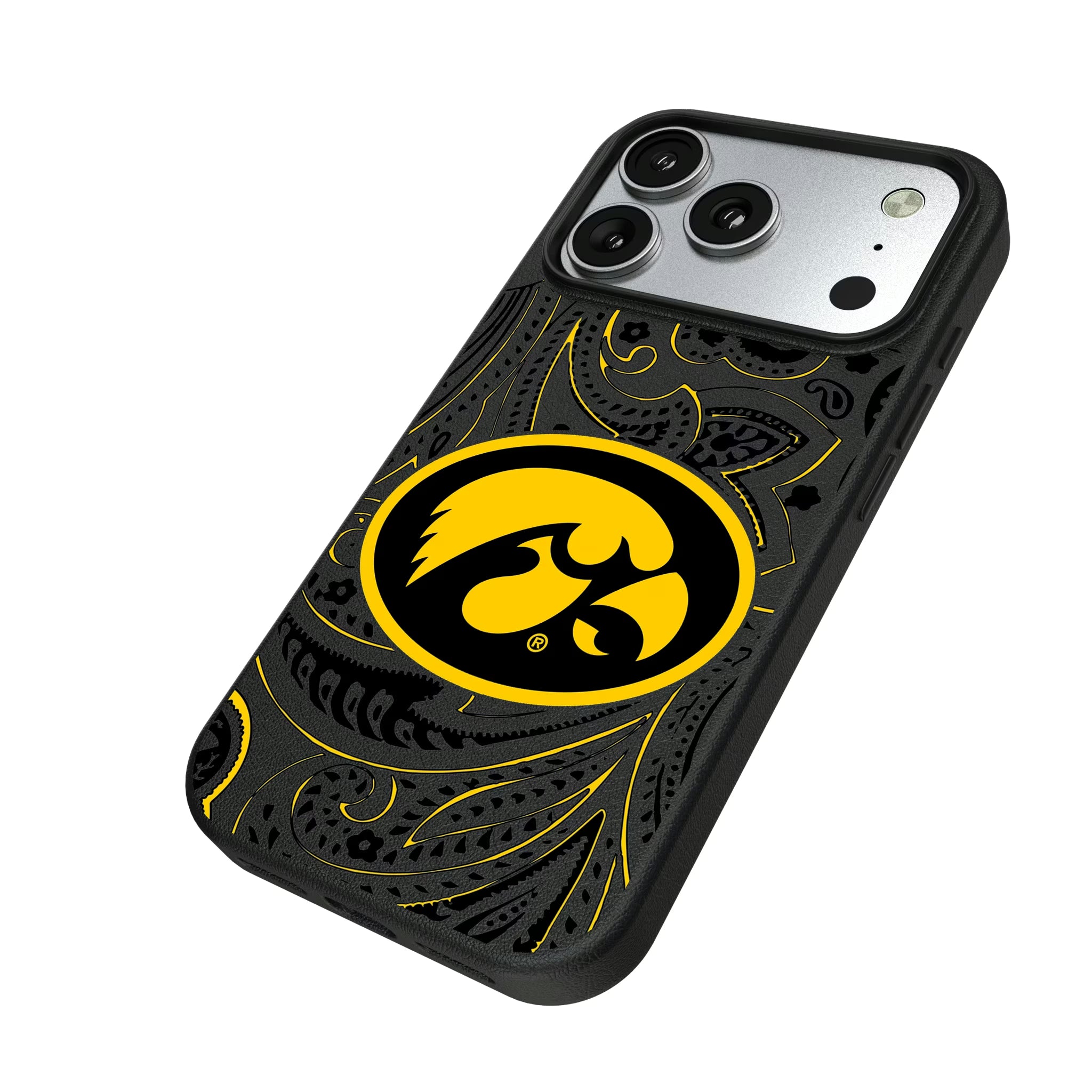 University of Iowa Hawkeyes Paisley iPhone MagSafe Compatible Phone Case for Apple iPhone - Isometric View#Device_iPhone 17 Pro