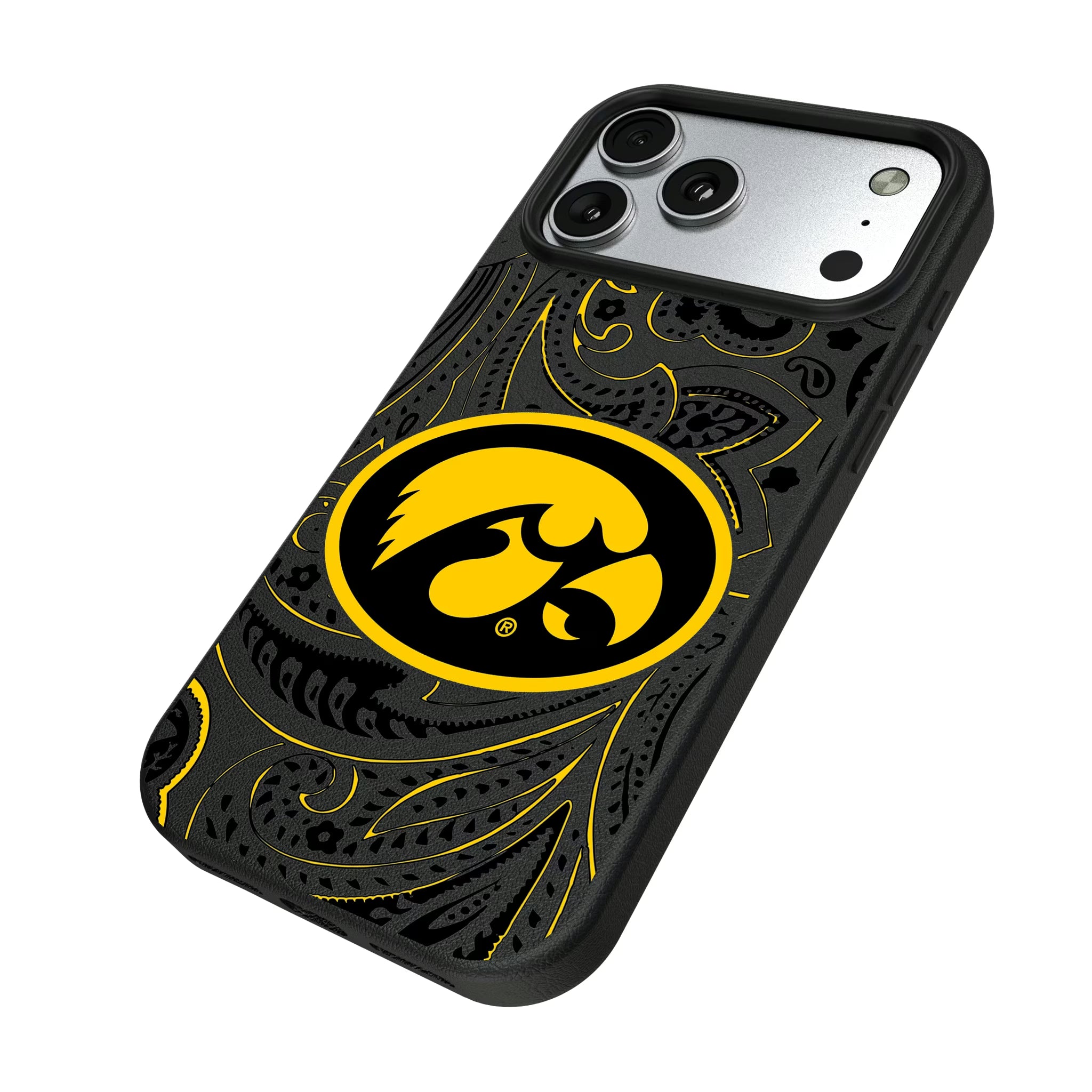 University of Iowa Hawkeyes Paisley iPhone MagSafe Compatible Phone Case for Apple iPhone - Isometric View#Device_iPhone 17 Pro Max