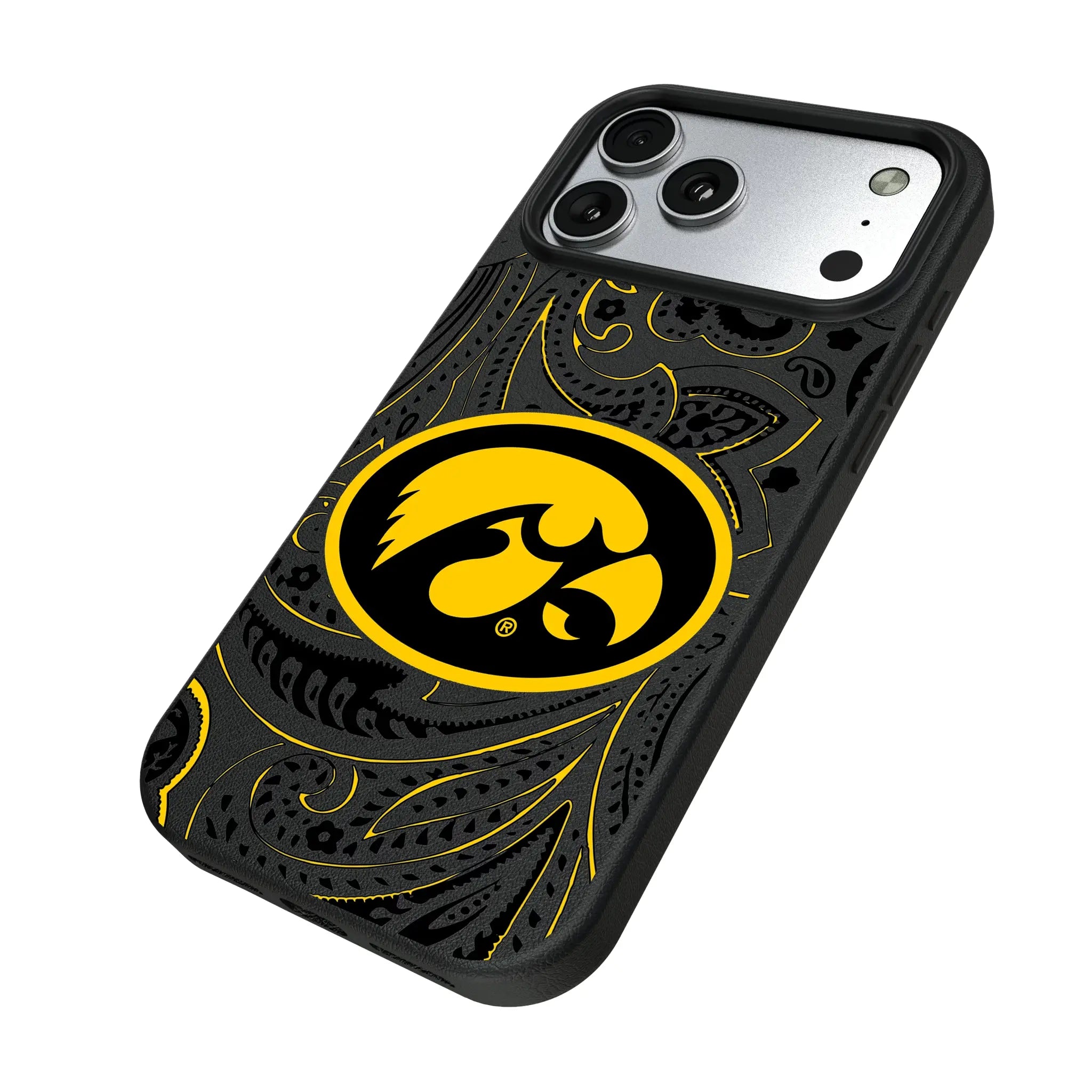 University of Iowa Hawkeyes Paisley iPhone MagSafe Compatible Phone Case for Apple iPhone - Isometric View#Device_iPhone 17 Pro Max