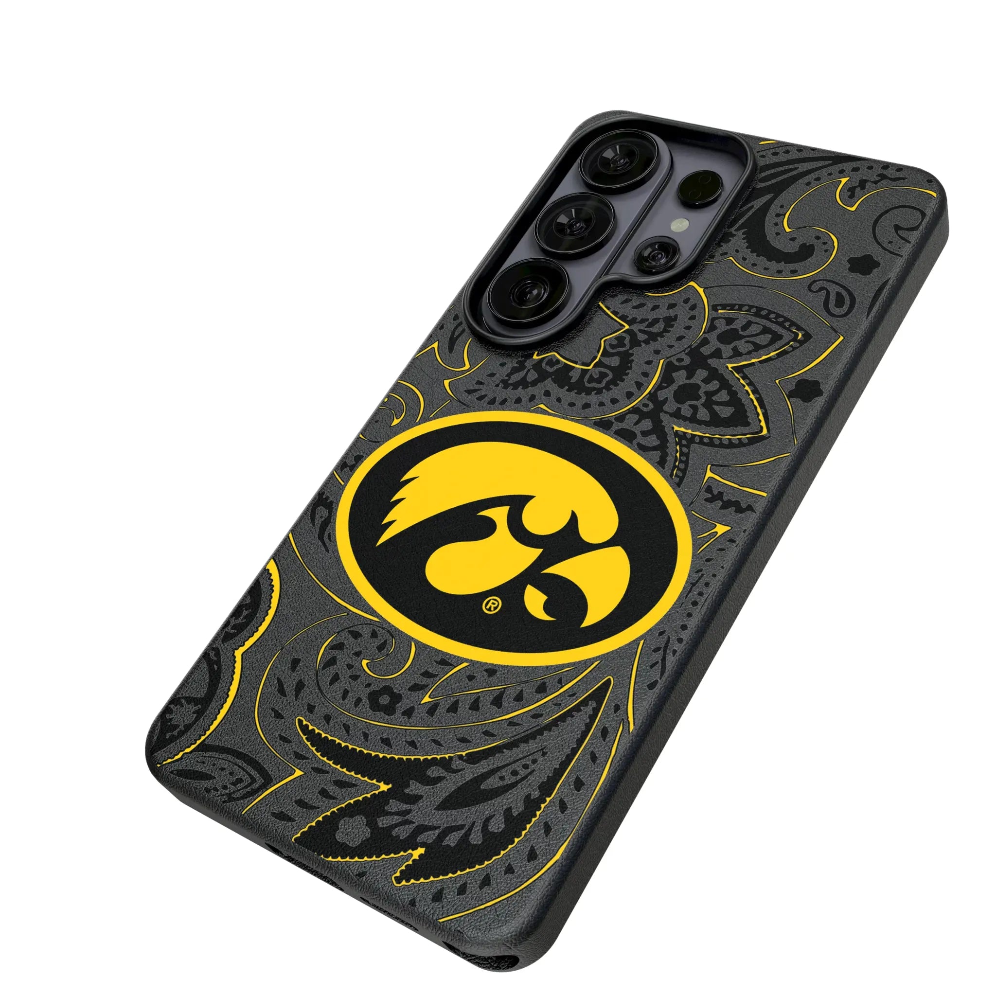 University of Iowa Hawkeyes Paisley Galaxy MagSafe Compatible Phone Case for Samsung Galaxy - Isometric View#Device_Galaxy S26 Ultra