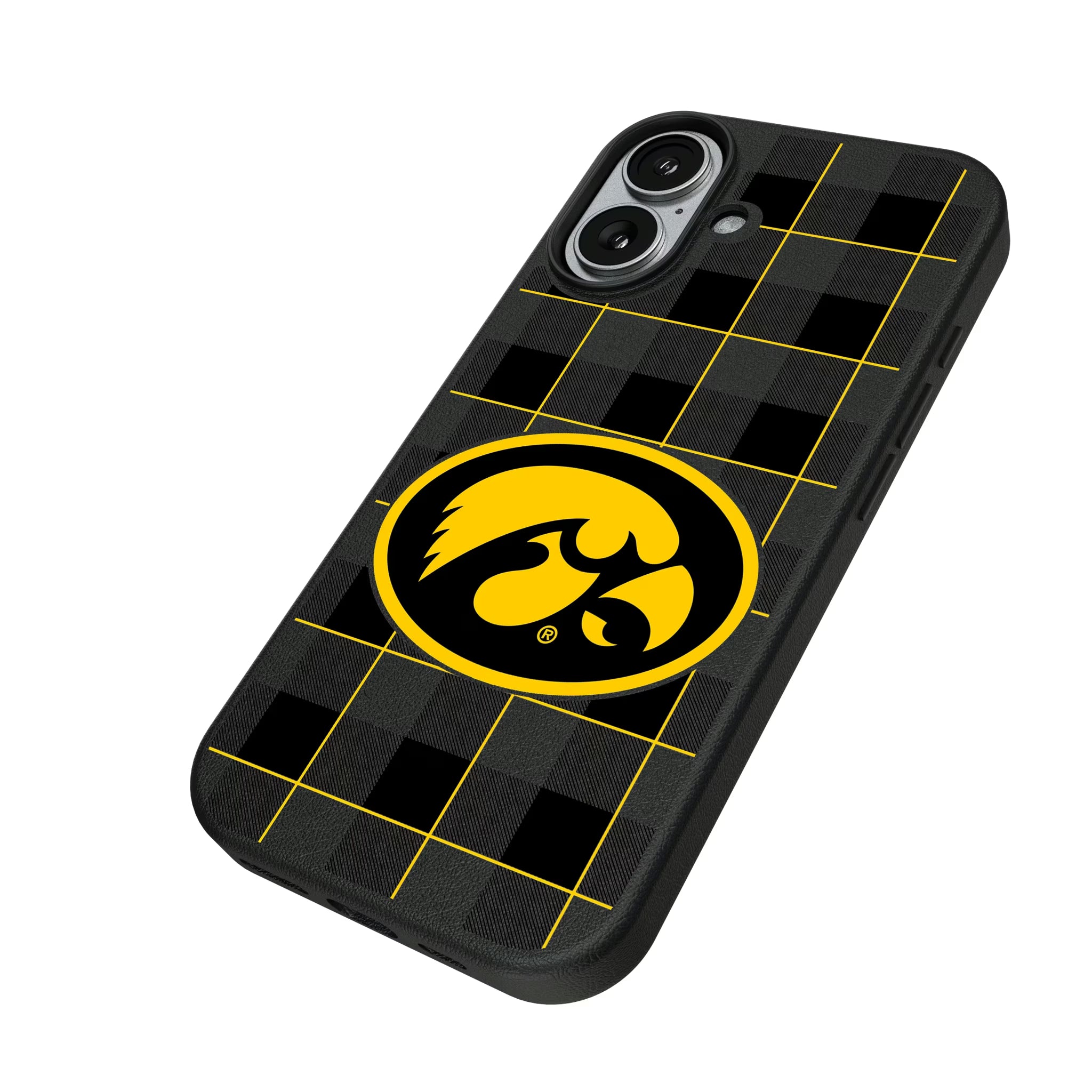 University of Iowa Hawkeyes Plaid iPhone MagSafe Compatible Phone Case for Apple iPhone - Isometric View#Device_iPhone 17