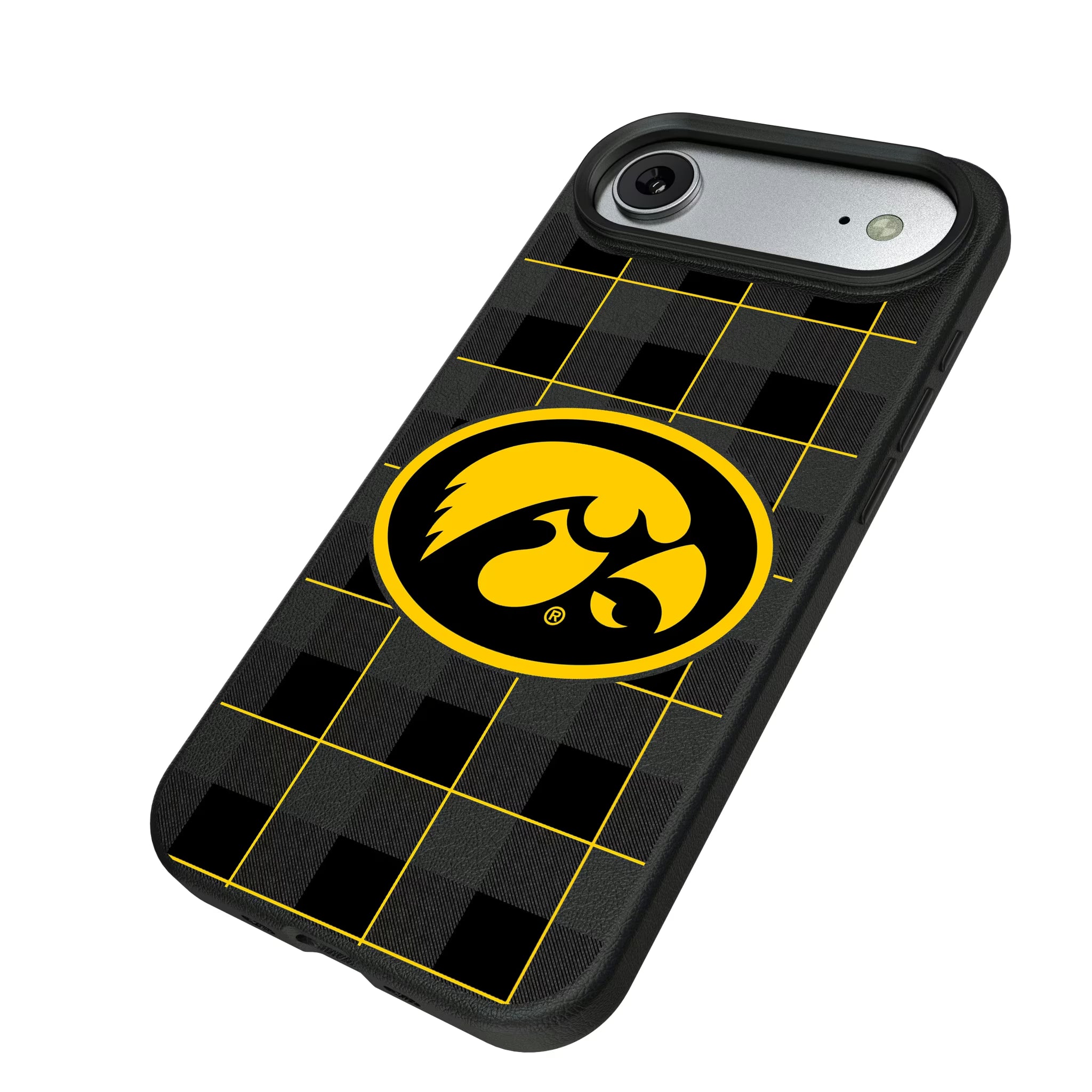 University of Iowa Hawkeyes Plaid iPhone MagSafe Compatible Phone Case for Apple iPhone - Isometric View#Device_iPhone Air
