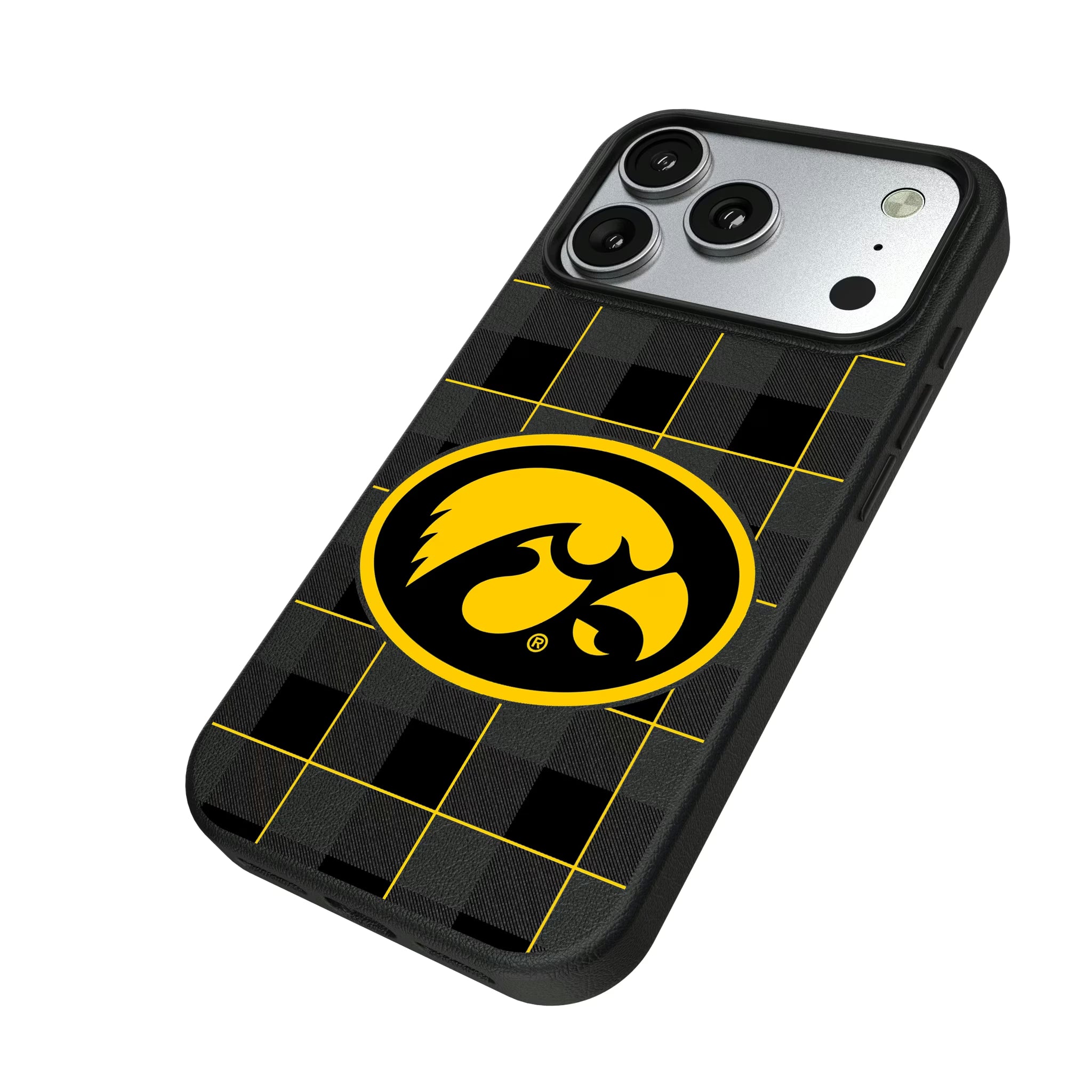 University of Iowa Hawkeyes Plaid iPhone MagSafe Compatible Phone Case for Apple iPhone - Isometric View#Device_iPhone 17 Pro