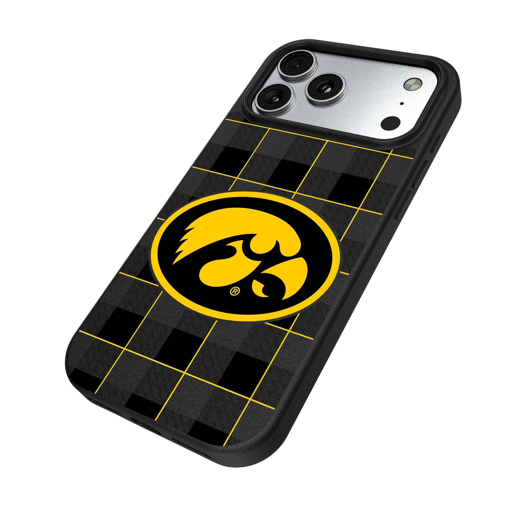 University of Iowa Hawkeyes Plaid iPhone MagSafe Compatible Phone Case for Apple iPhone - Isometric View#Device_iPhone 17 Pro Max