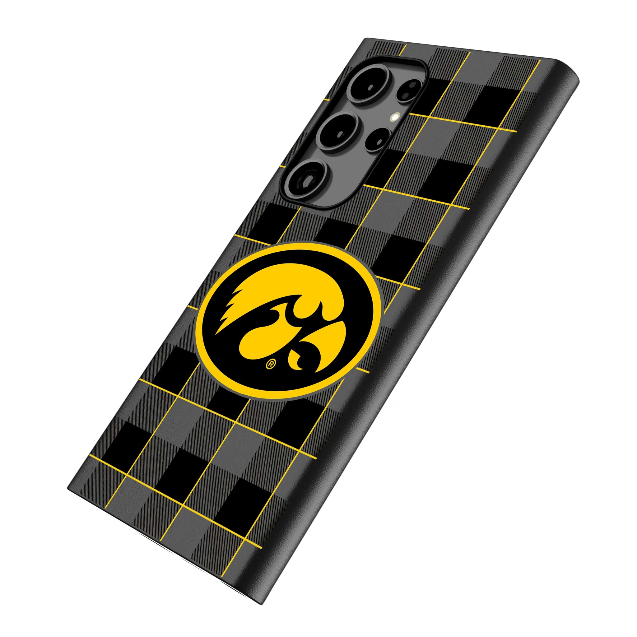 University of Iowa Hawkeyes Plaid Galaxy MagSafe Compatible Phone Case for Samsung Galaxy - Isometric View