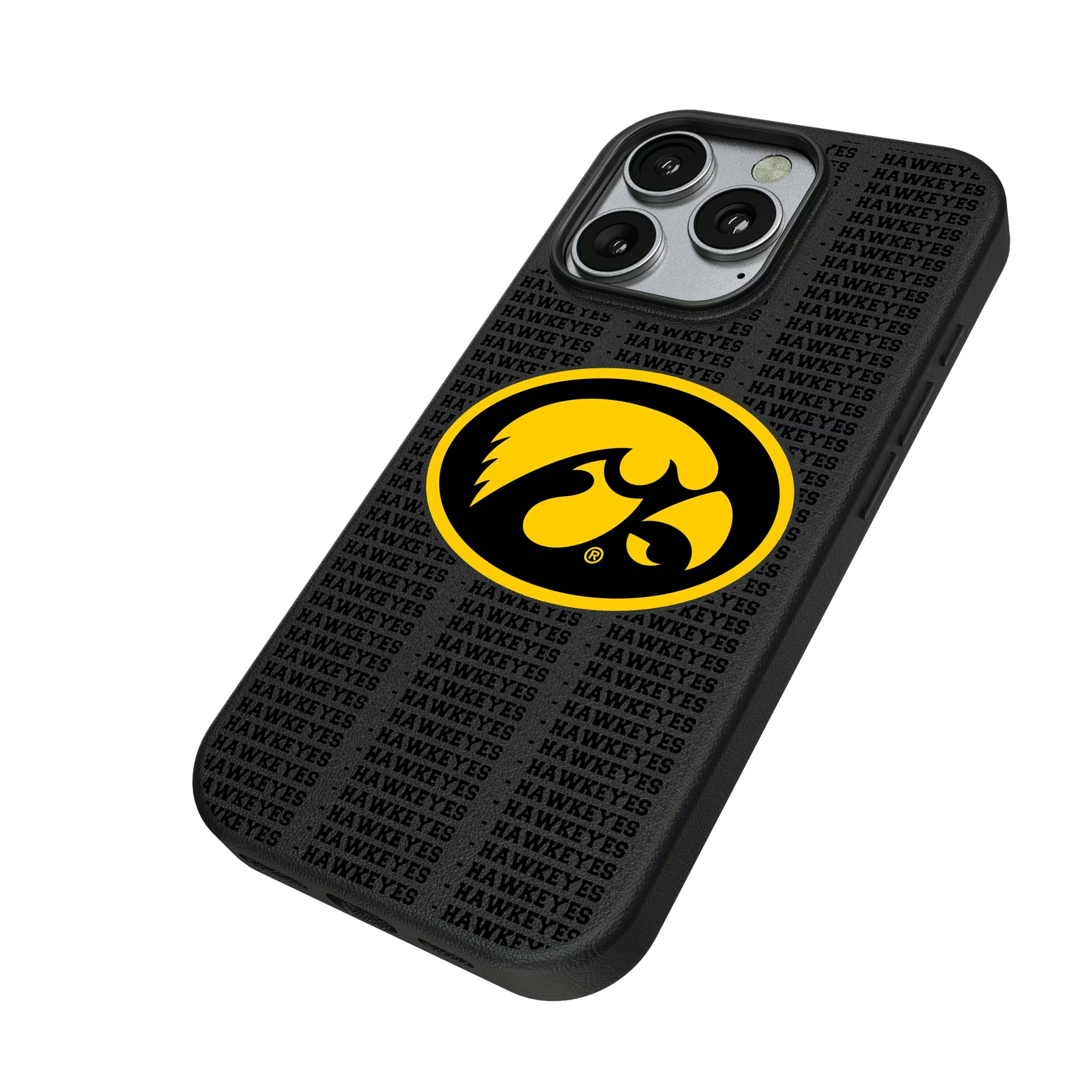 University of Iowa Hawkeyes Text Backdrop iPhone MagSafe Compatible Phone Case for Apple iPhone - Isometric View