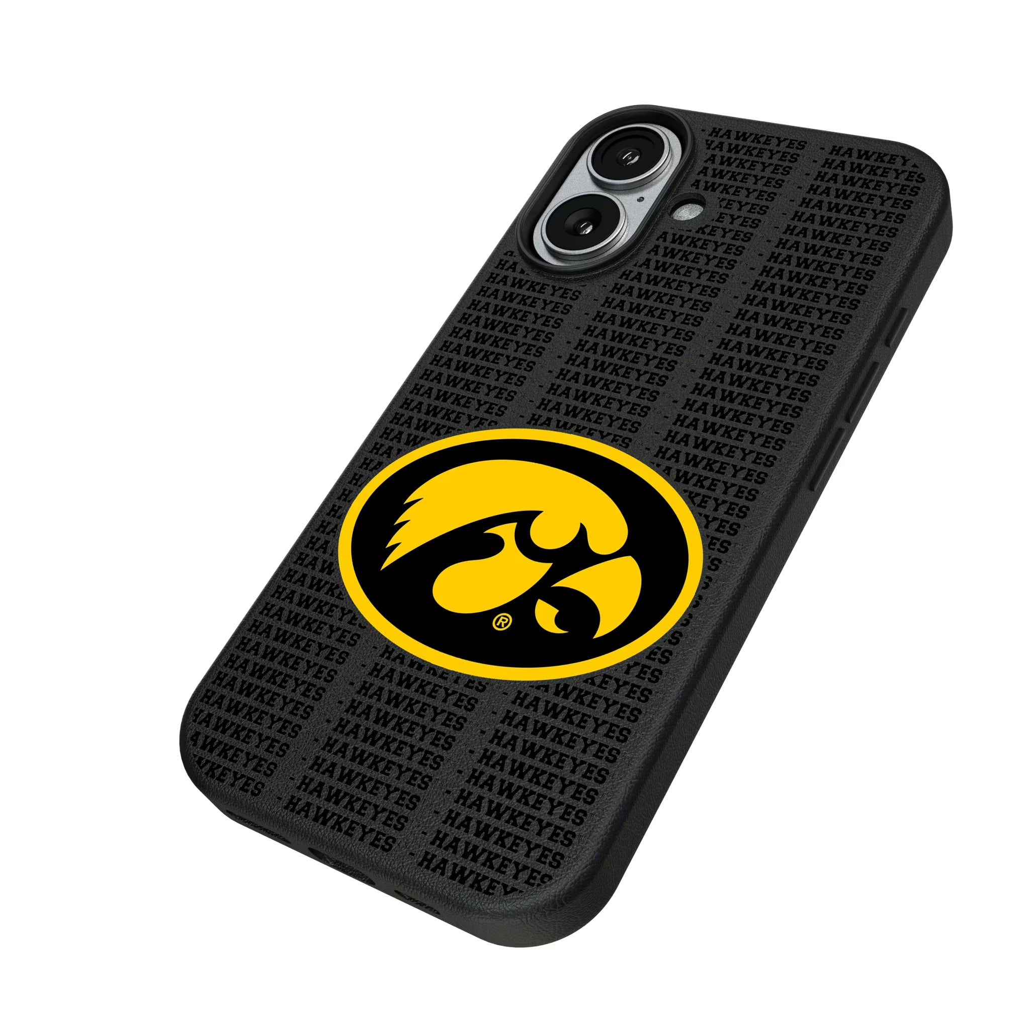 University of Iowa Hawkeyes Text Backdrop iPhone MagSafe Compatible Phone Case for Apple iPhone - Isometric View#Device_iPhone 17