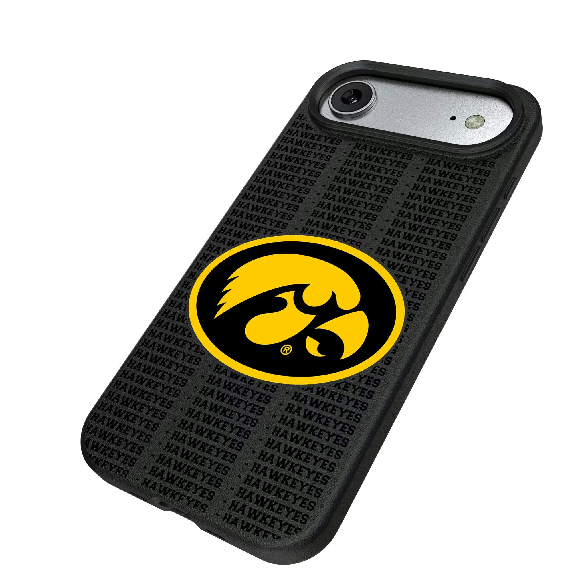 University of Iowa Hawkeyes Text Backdrop iPhone MagSafe Compatible Phone Case for Apple iPhone - Isometric View#Device_iPhone Air