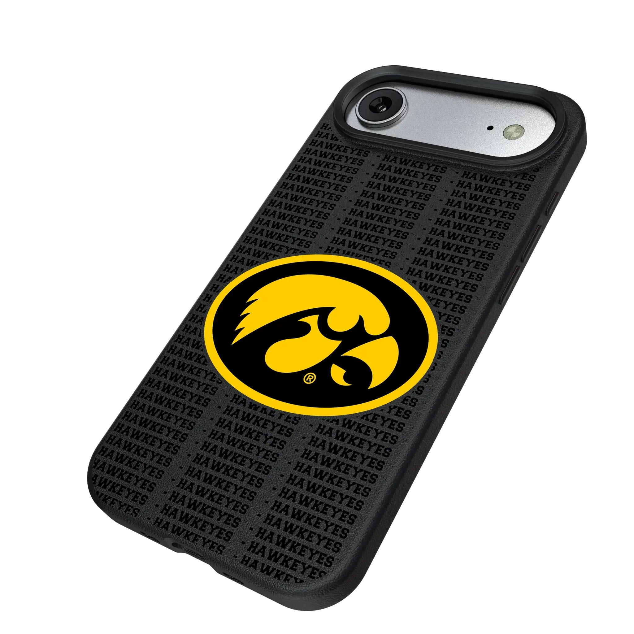 University of Iowa Hawkeyes Text Backdrop iPhone MagSafe Compatible Phone Case for Apple iPhone - Isometric View#Device_iPhone Air