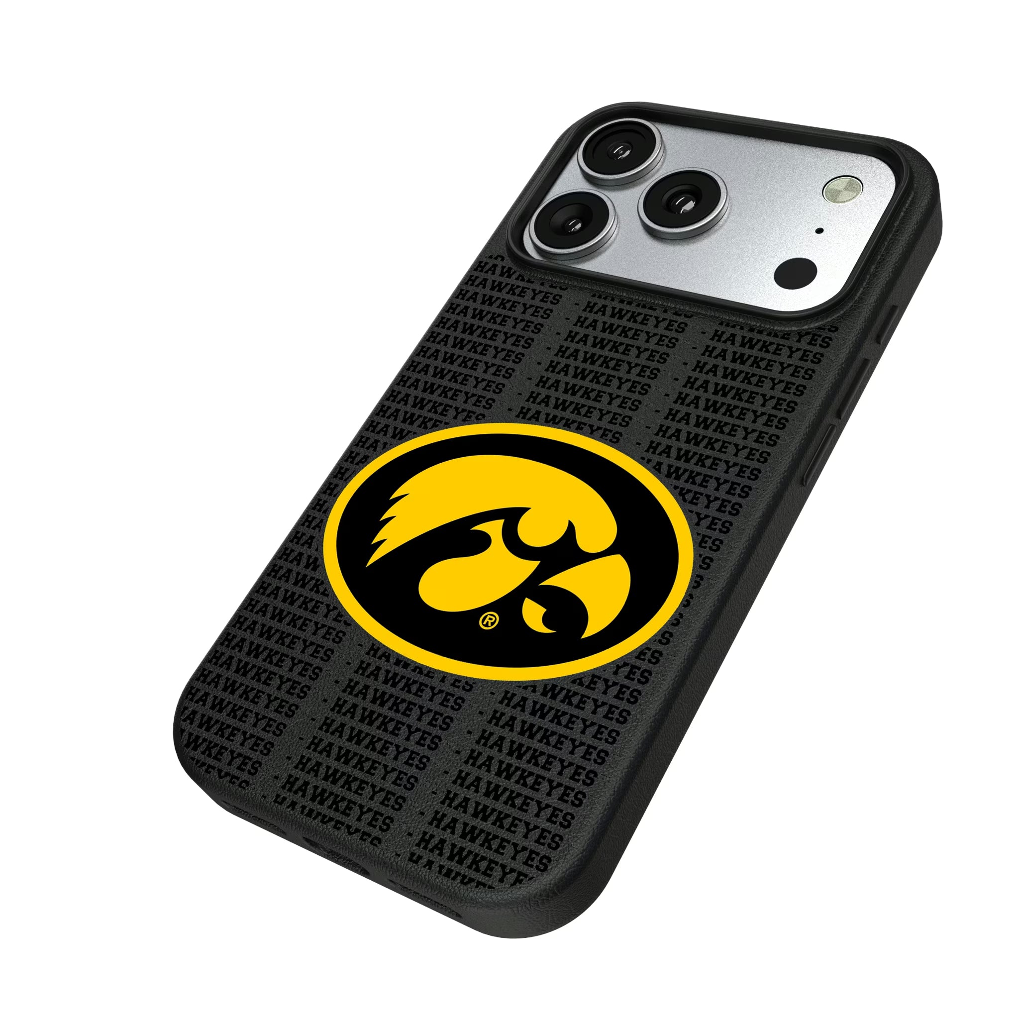 University of Iowa Hawkeyes Text Backdrop iPhone MagSafe Compatible Phone Case for Apple iPhone - Isometric View#Device_iPhone 17 Pro