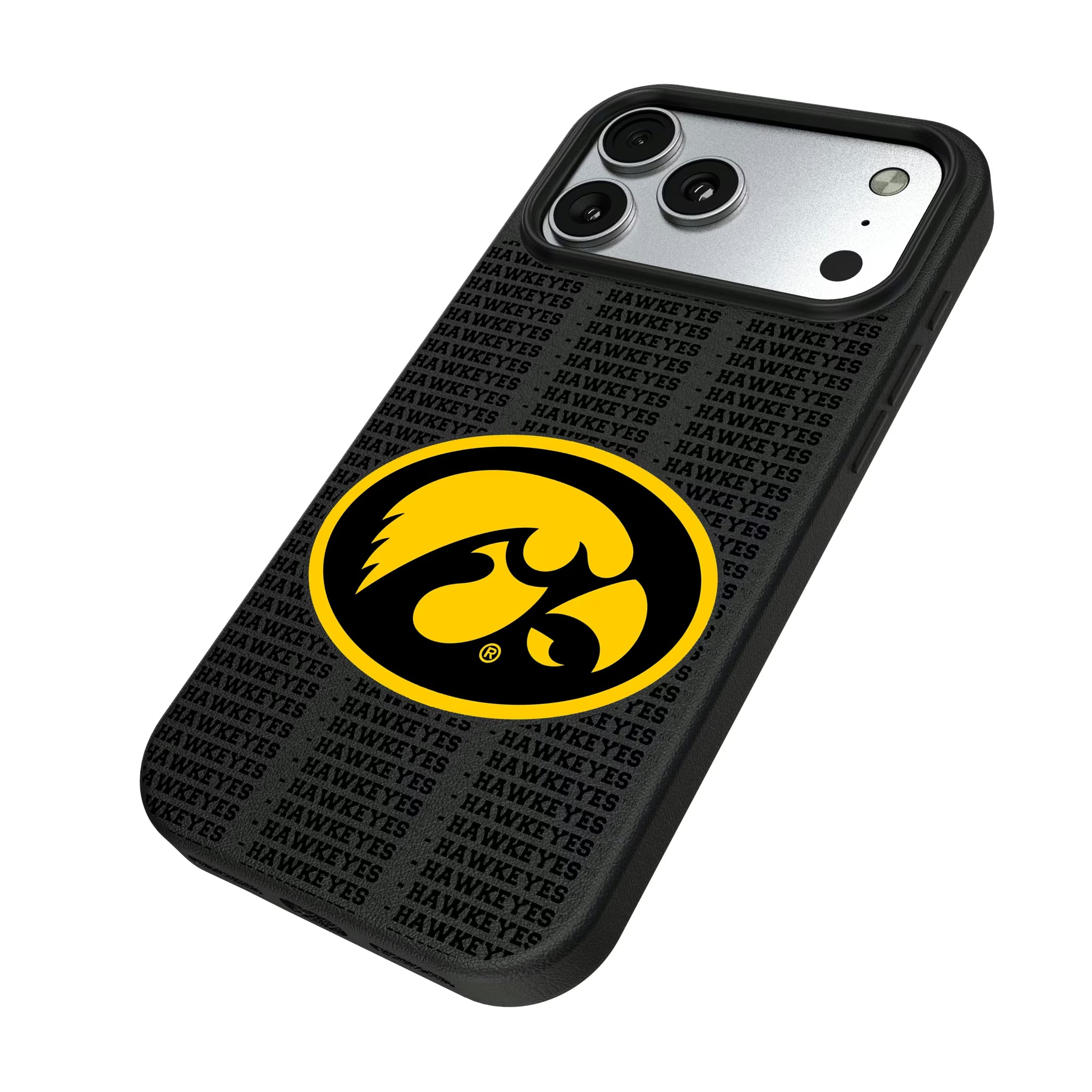 University of Iowa Hawkeyes Text Backdrop iPhone MagSafe Compatible Phone Case for Apple iPhone - Isometric View#Device_iPhone 17 Pro Max
