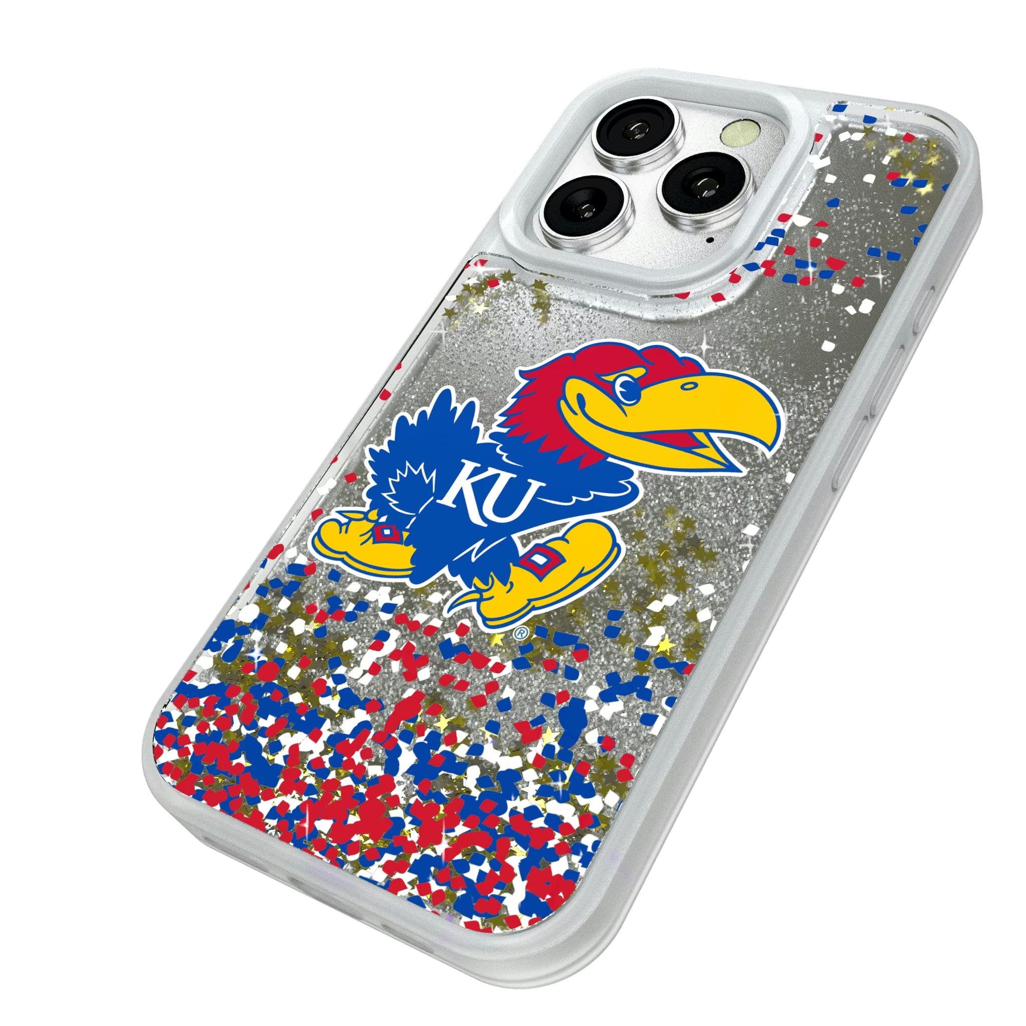 University of Kansas Jayhawks Confetti iPhone Glitter Phone Case for Apple iPhone - Isometric View#Device_iPhone 16 Pro