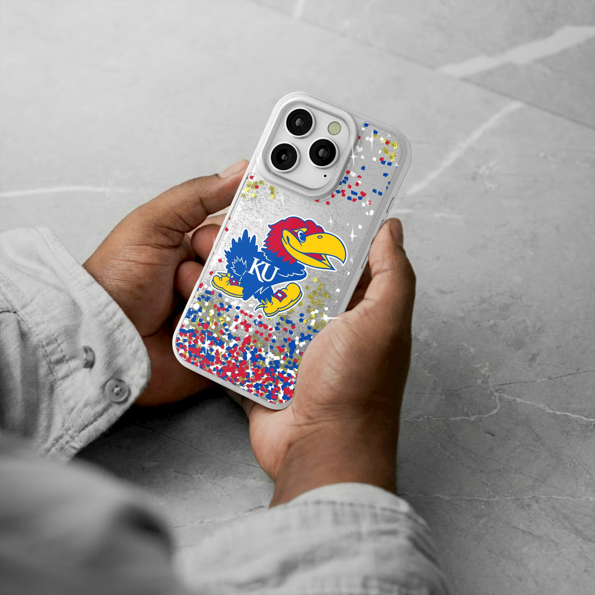 University of Kansas Jayhawks Confetti iPhone Glitter Phone Case for Apple iPhone - Lifestyle#Device_iPhone 16 Pro