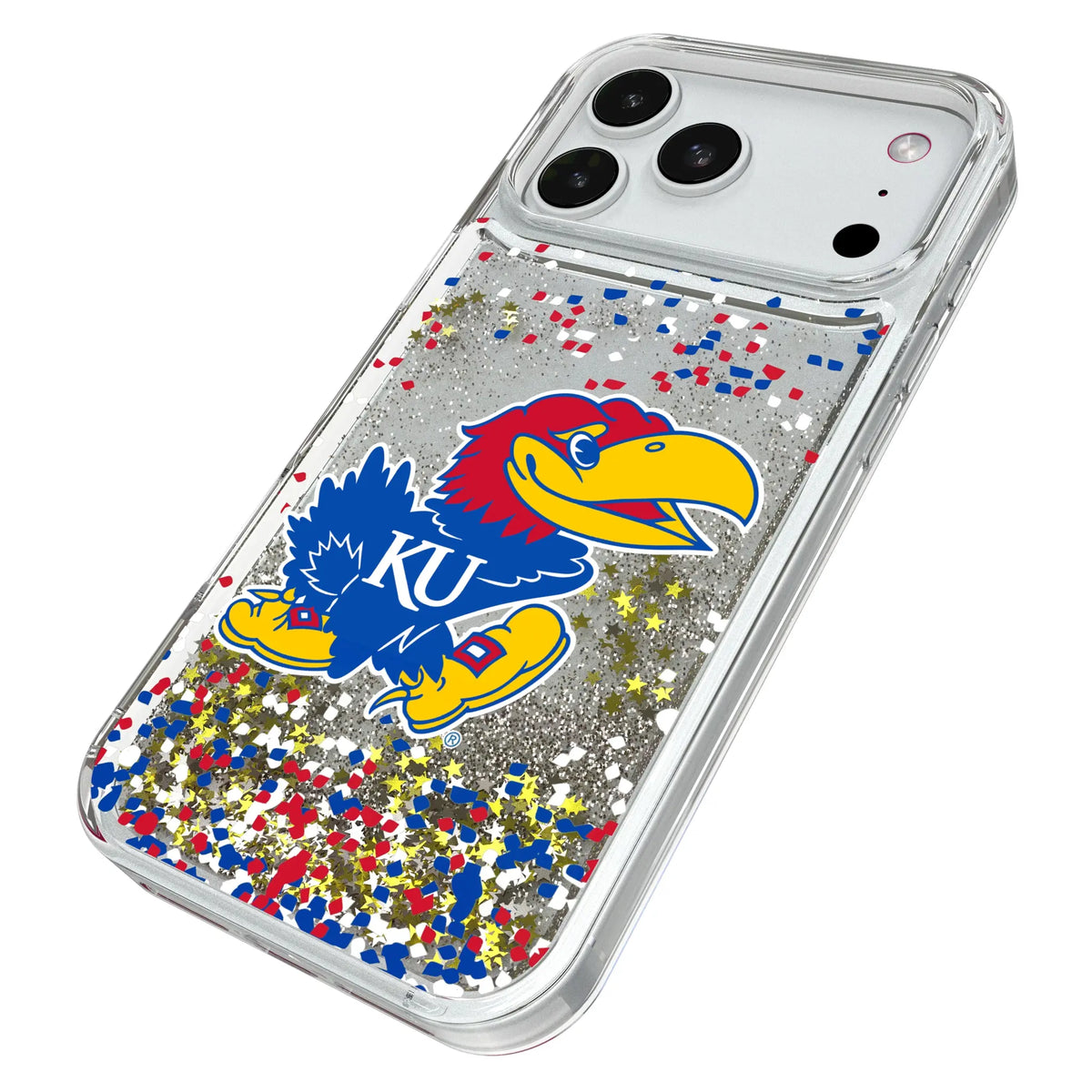 University of Kansas Jayhawks Confetti iPhone Glitter Phone Case for Apple iPhone - Isometric View#Device_iPhone 18 Pro Max