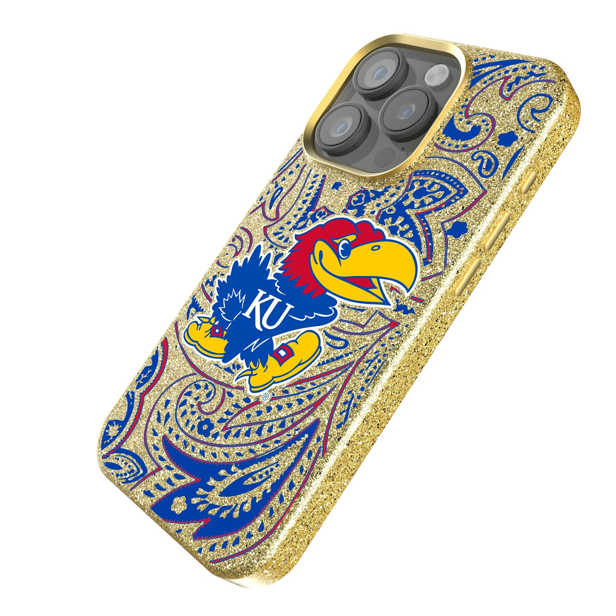 University of Kansas Jayhawks Paisley iPhone Bling Phone Case for Apple iPhone - Isometric View