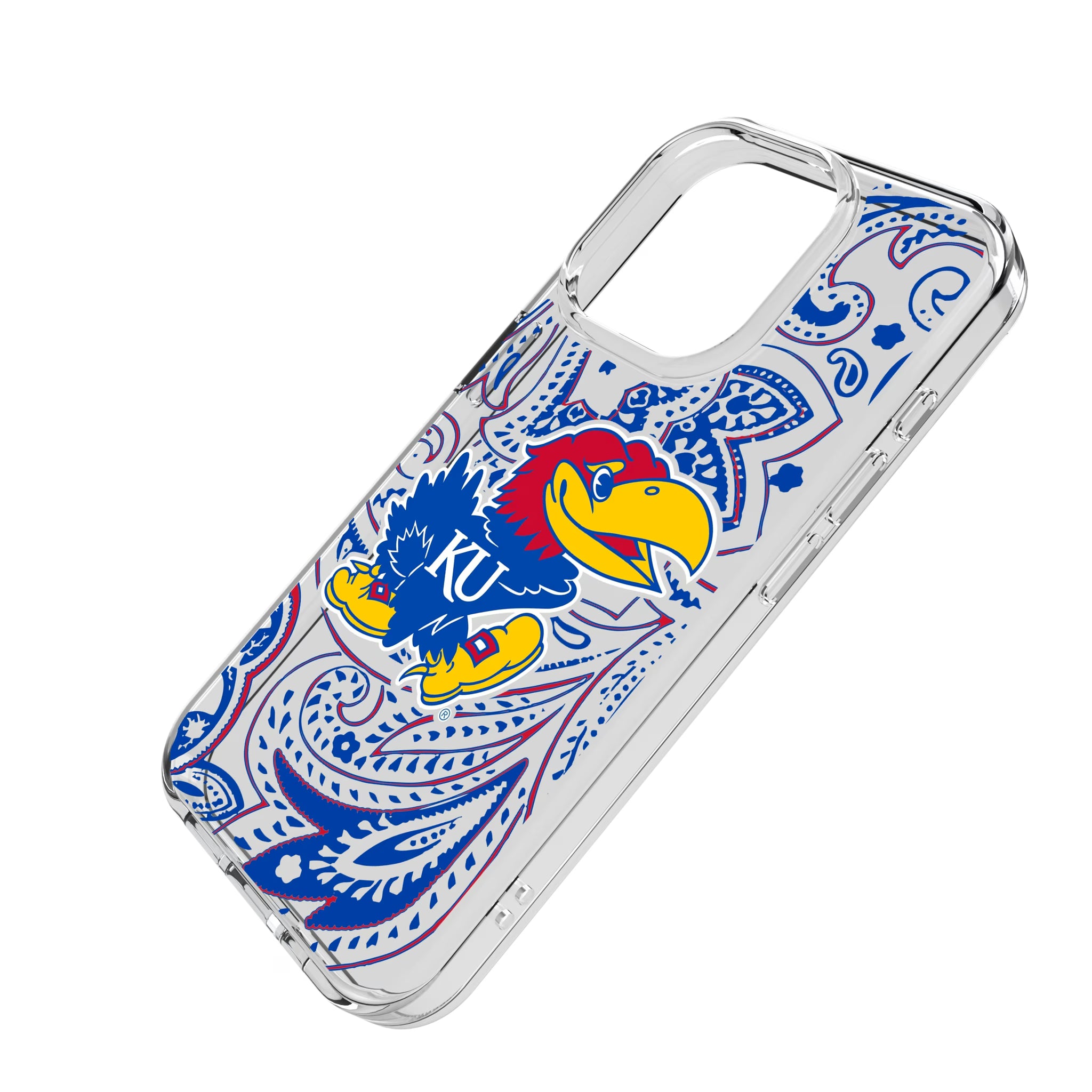 University of Kansas Jayhawks Paisley iPhone Clear Phone Case for Apple iPhone - Isometric View