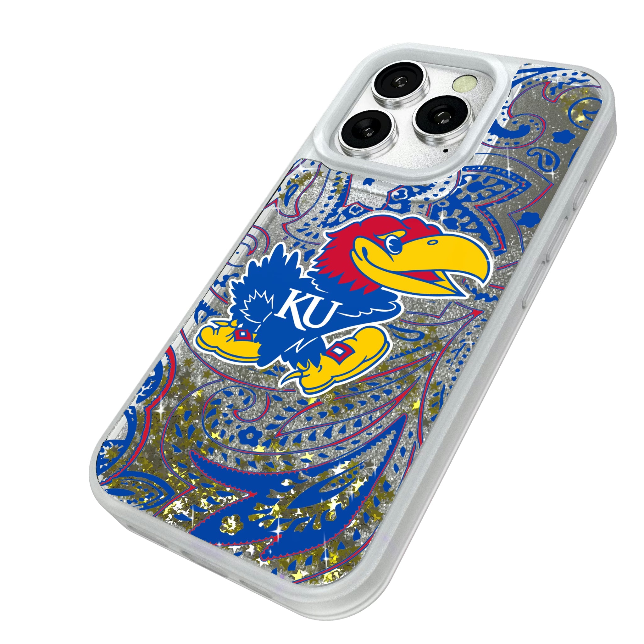 University of Kansas Jayhawks Paisley iPhone Glitter Phone Case for Apple iPhone - Isometric View#Device_iPhone 16 Pro