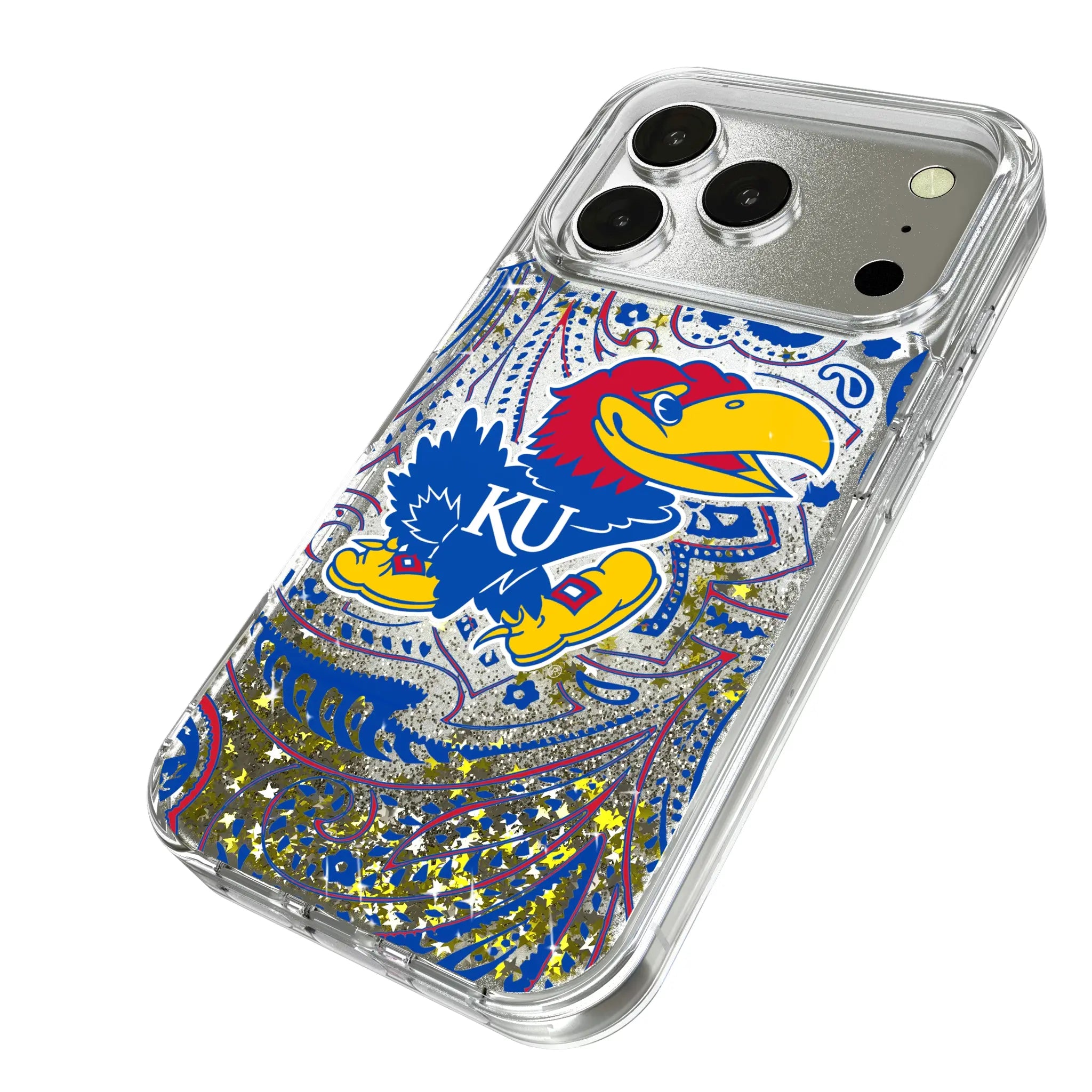 University of Kansas Jayhawks Paisley iPhone Glitter Phone Case for Apple iPhone - Isometric View