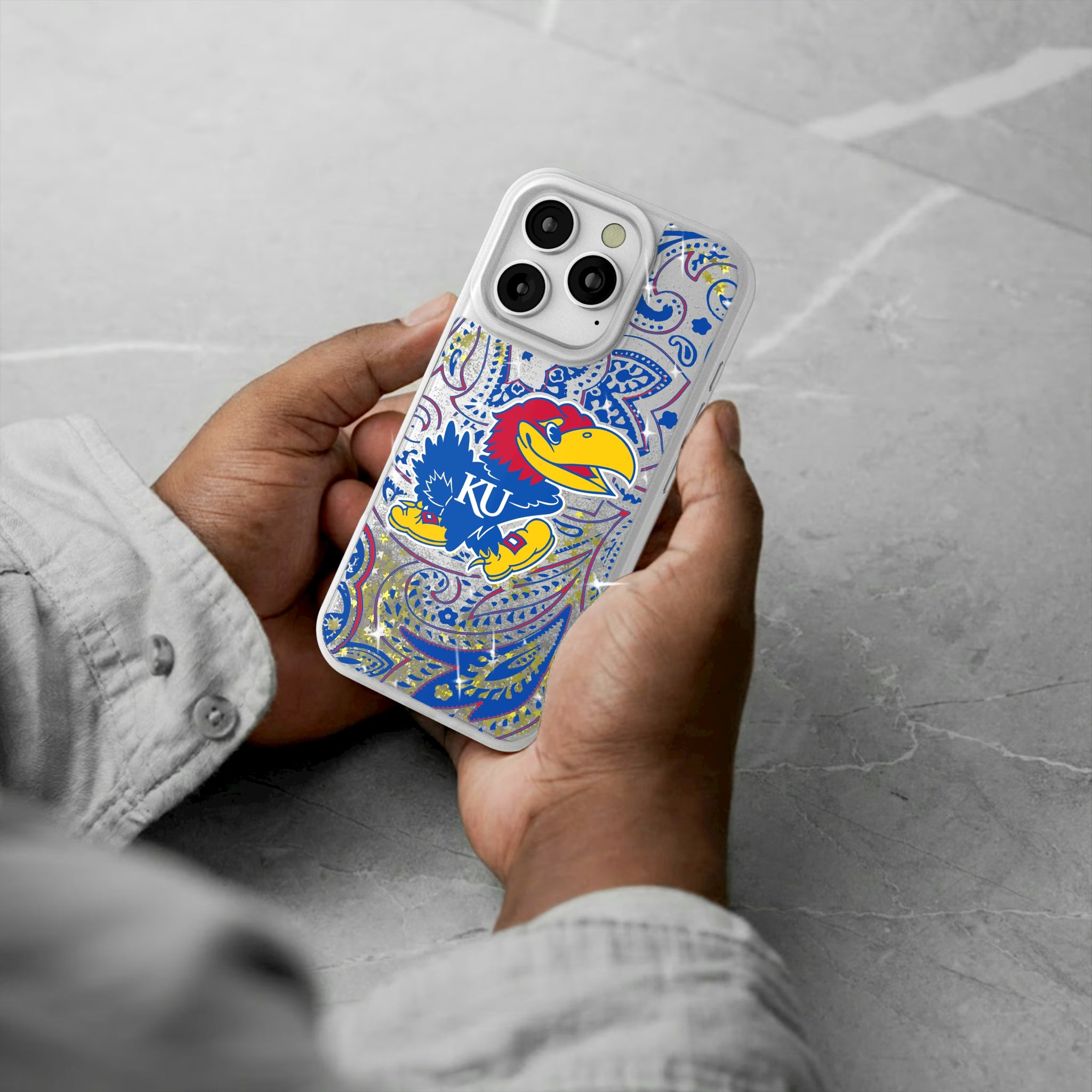 University of Kansas Jayhawks Paisley iPhone Glitter Phone Case for Apple iPhone - Lifestyle#Device_iPhone 16 Pro