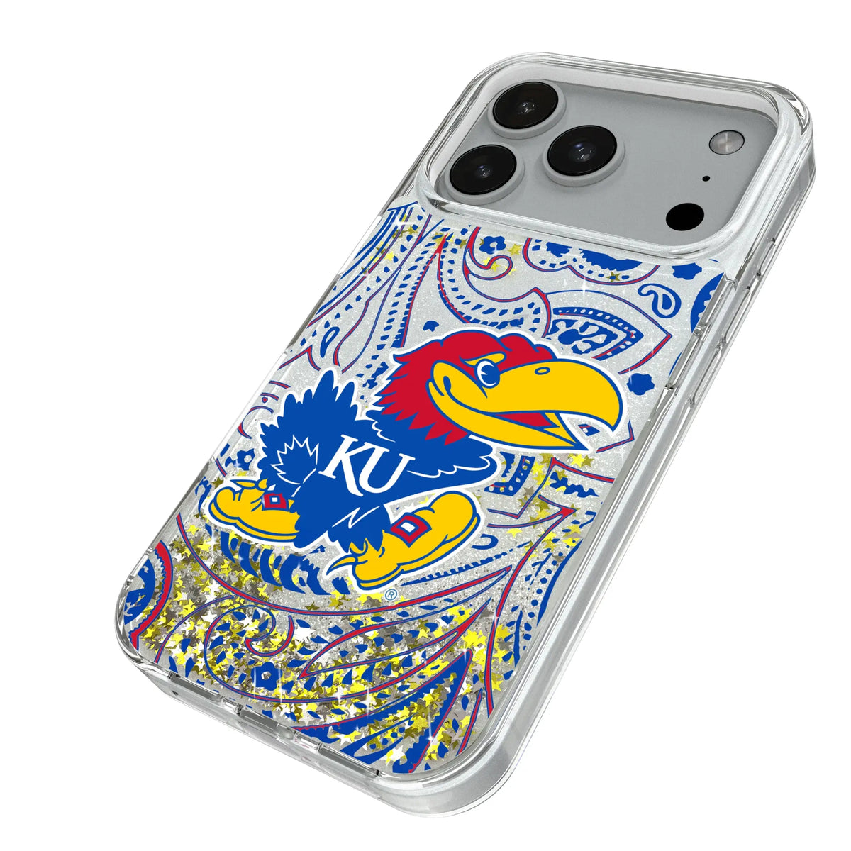 University of Kansas Jayhawks Paisley iPhone Glitter Phone Case for Apple iPhone - Isometric View#Device_iPhone 18 Pro