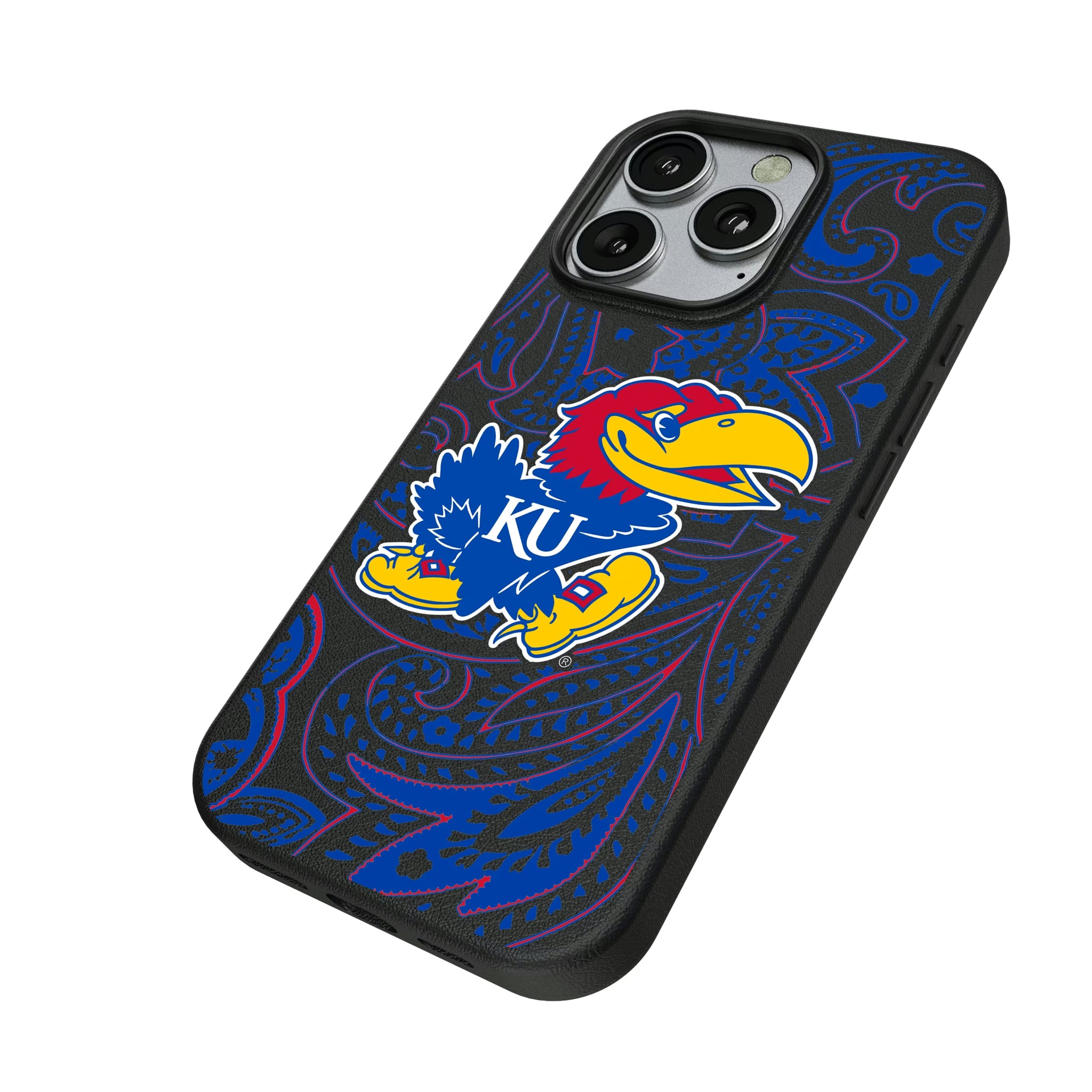 University of Kansas Jayhawks Paisley iPhone MagSafe Compatible Phone Case for Apple iPhone - Isometric View