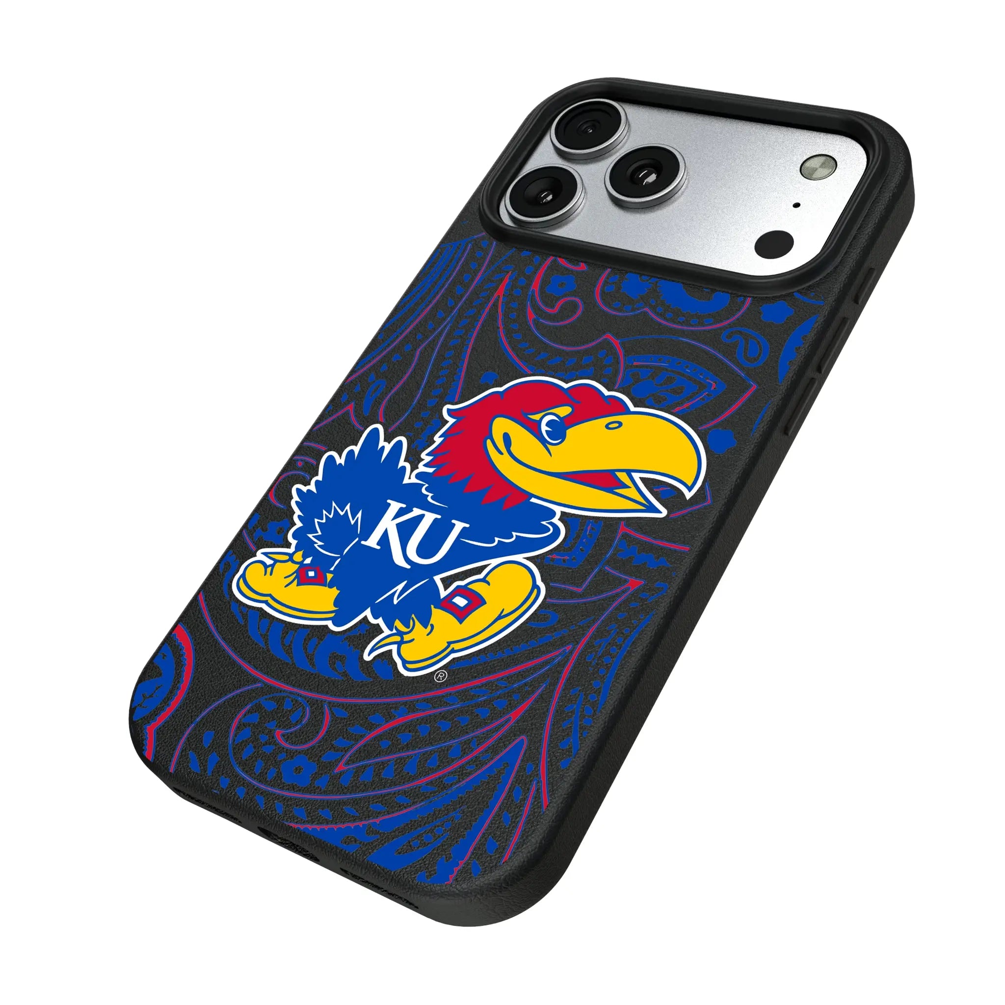 University of Kansas Jayhawks Paisley iPhone MagSafe Compatible Phone Case for Apple iPhone - Isometric View#Device_iPhone 17 Pro Max