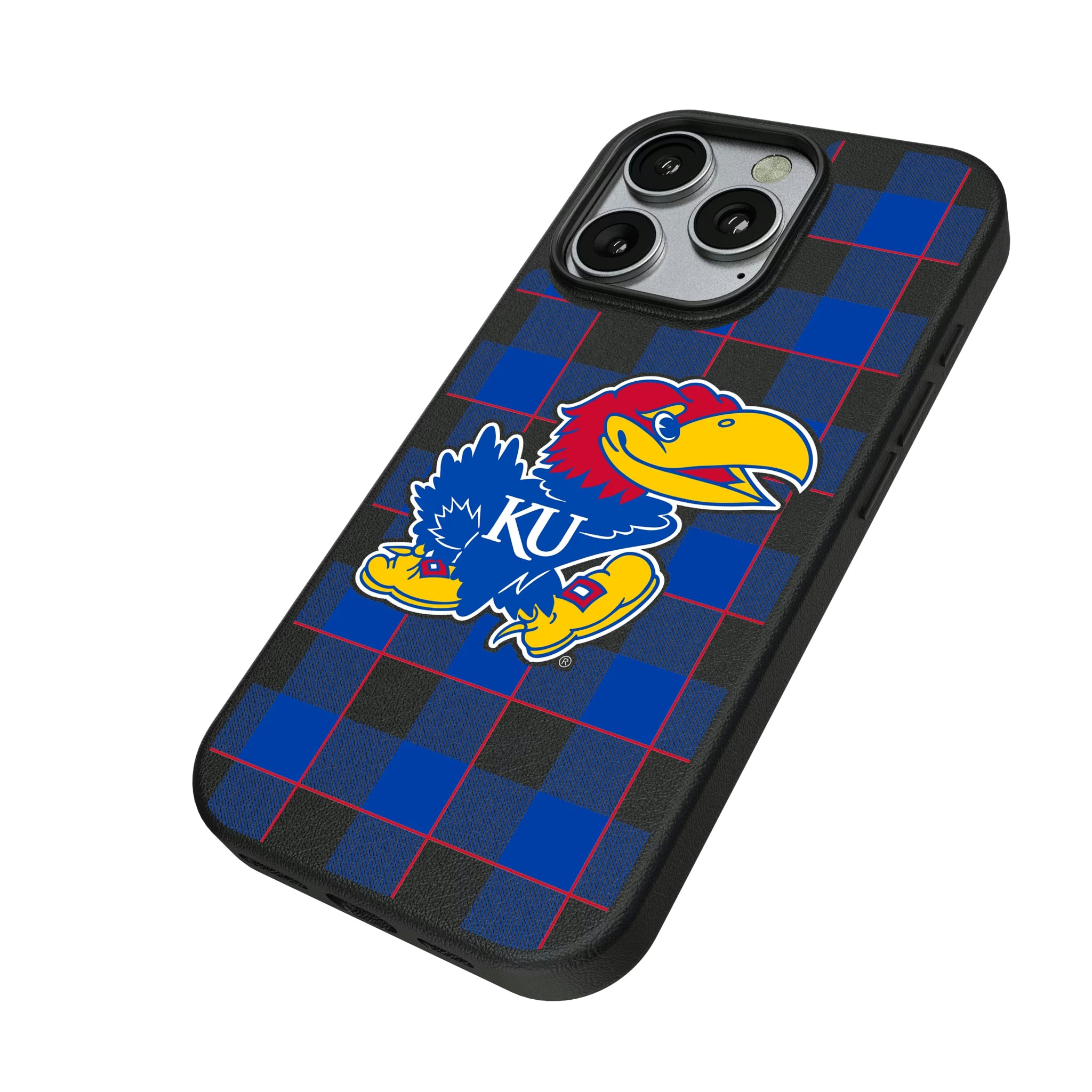University of Kansas Jayhawks Plaid iPhone MagSafe Compatible Phone Case for Apple iPhone - Isometric View