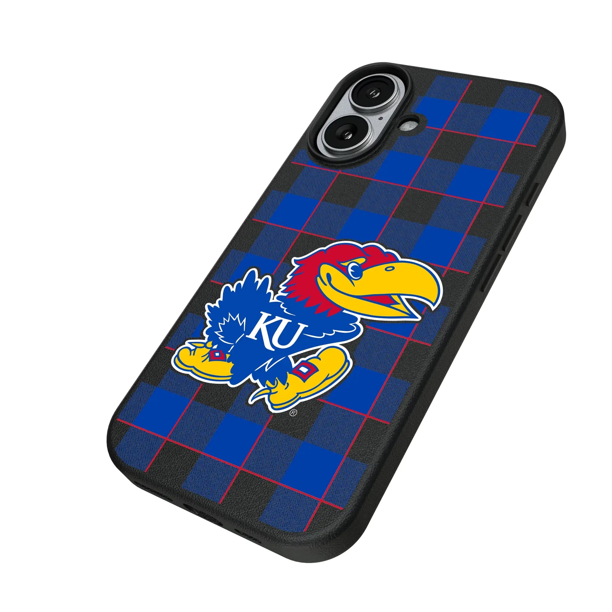 University of Kansas Jayhawks Plaid iPhone MagSafe Compatible Phone Case for Apple iPhone - Isometric View#Device_iPhone 17