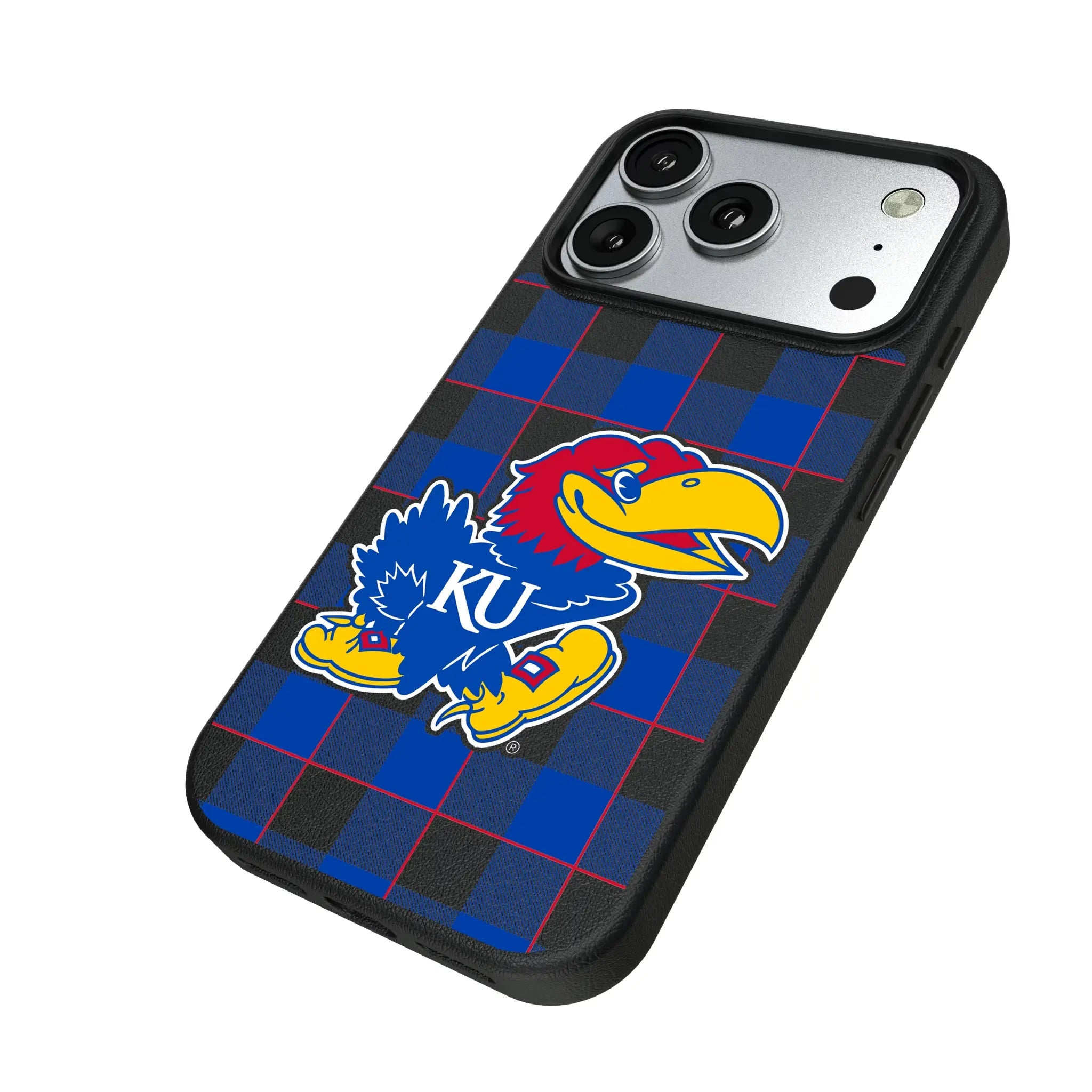 University of Kansas Jayhawks Plaid iPhone MagSafe Compatible Phone Case for Apple iPhone - Isometric View#Device_iPhone 17 Pro