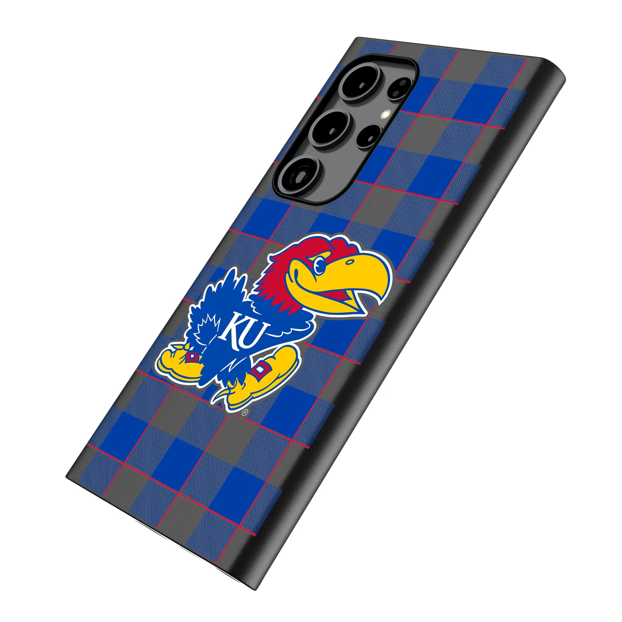 University of Kansas Jayhawks Plaid Galaxy MagSafe Compatible Phone Case for Samsung Galaxy - Isometric View