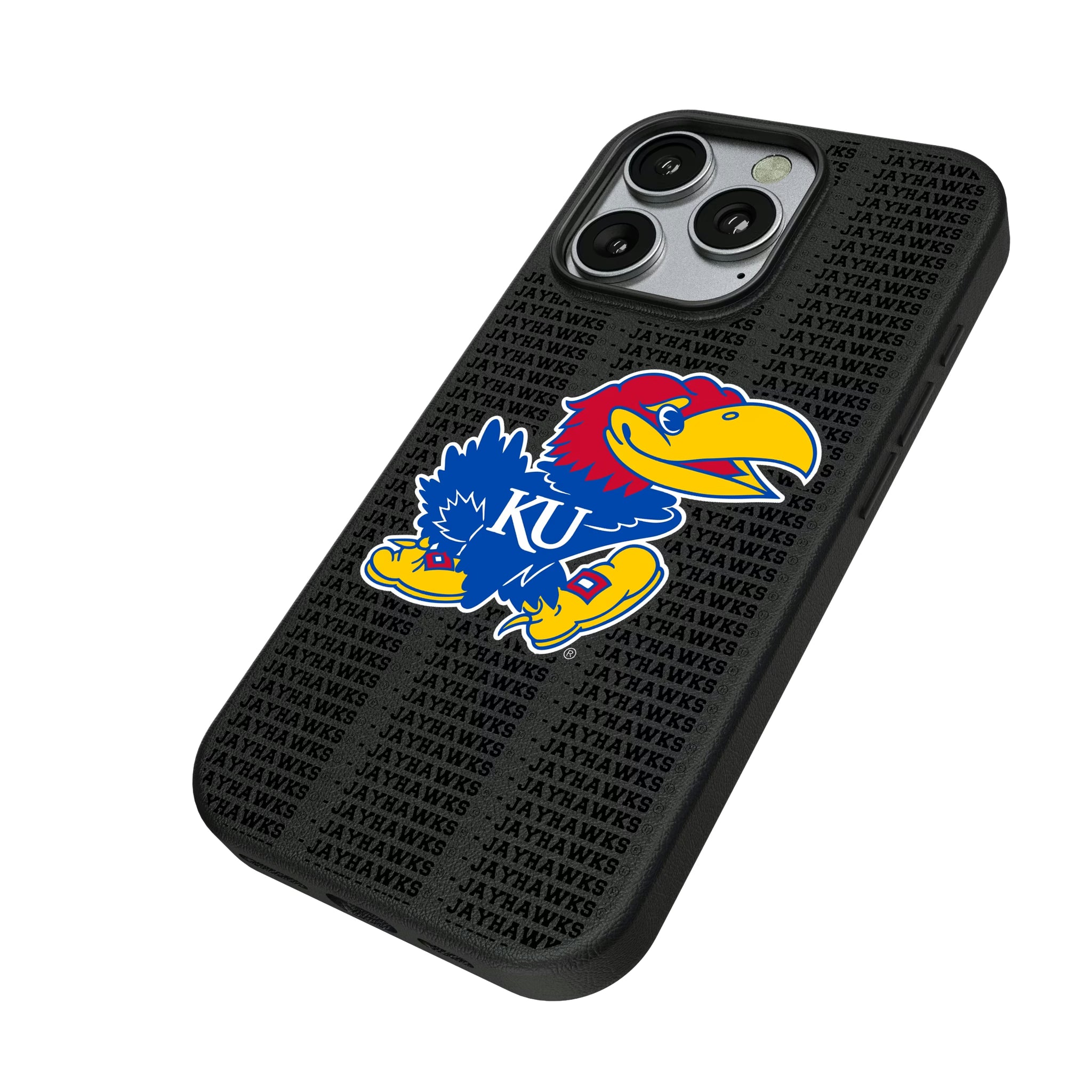 University of Kansas Jayhawks Text Backdrop iPhone MagSafe Compatible Phone Case for Apple iPhone - Isometric View