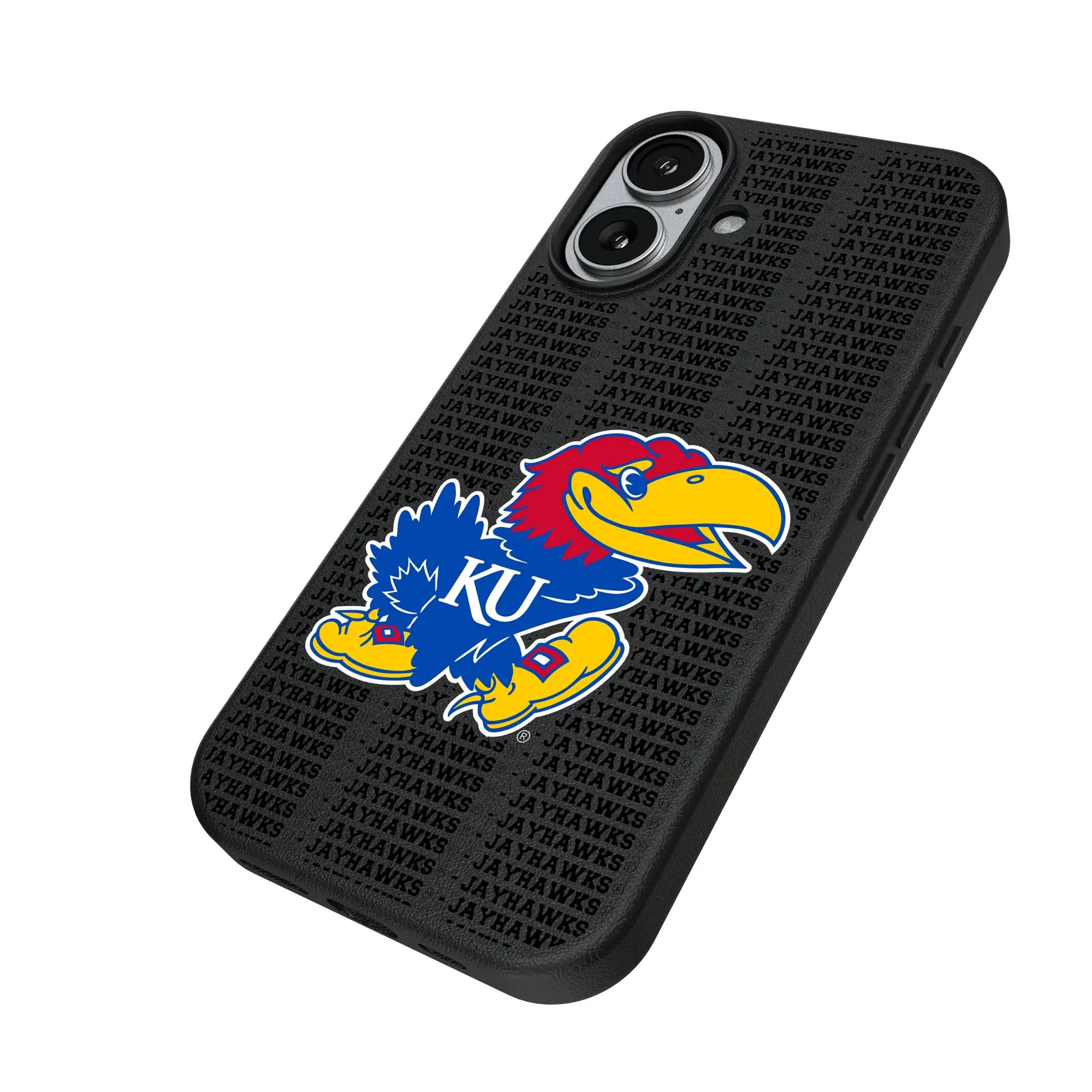 University of Kansas Jayhawks Text Backdrop iPhone MagSafe Compatible Phone Case for Apple iPhone - Isometric View#Device_iPhone 17