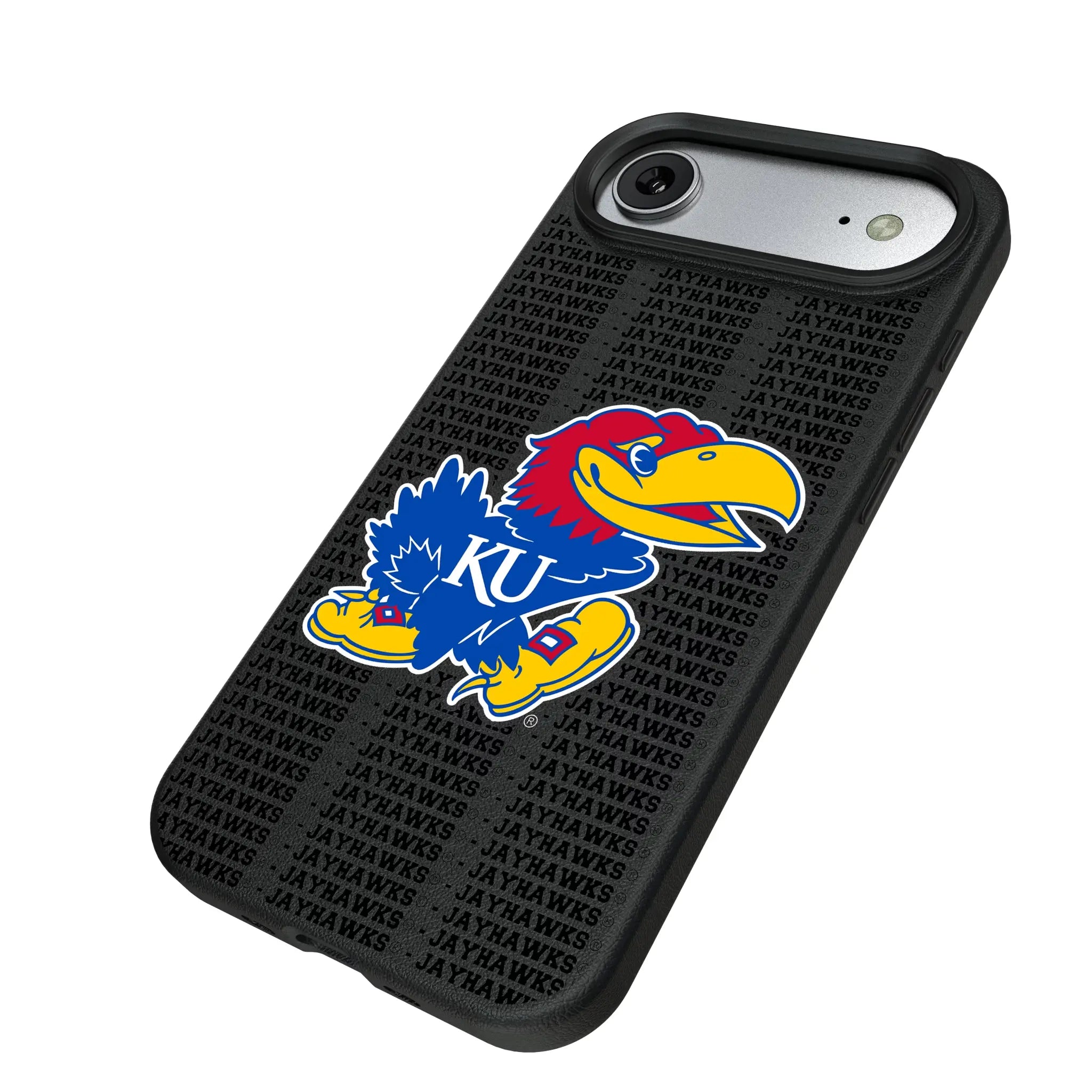 University of Kansas Jayhawks Text Backdrop iPhone MagSafe Compatible Phone Case for Apple iPhone - Isometric View#Device_iPhone Air