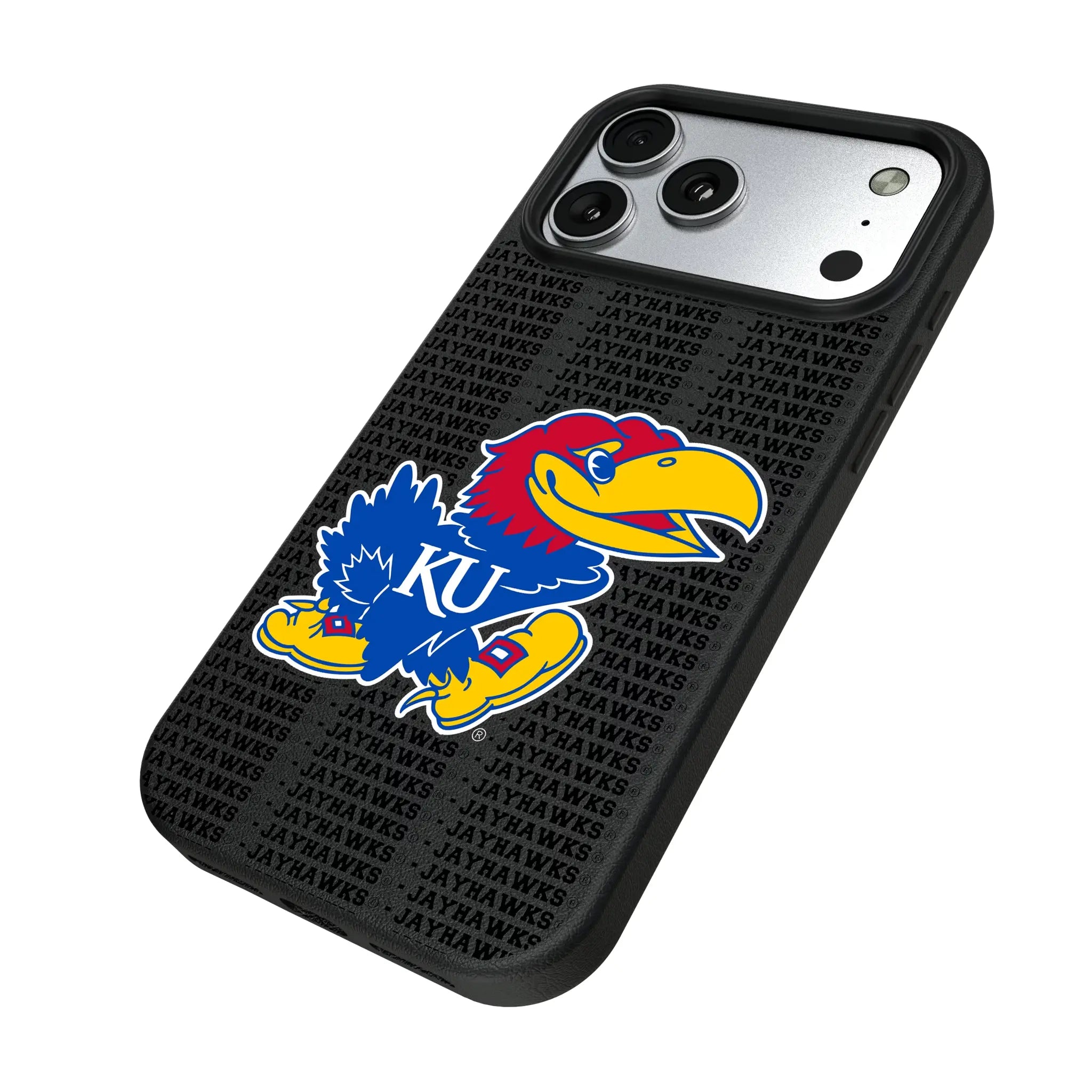 University of Kansas Jayhawks Text Backdrop iPhone MagSafe Compatible Phone Case for Apple iPhone - Isometric View#Device_iPhone 17 Pro Max