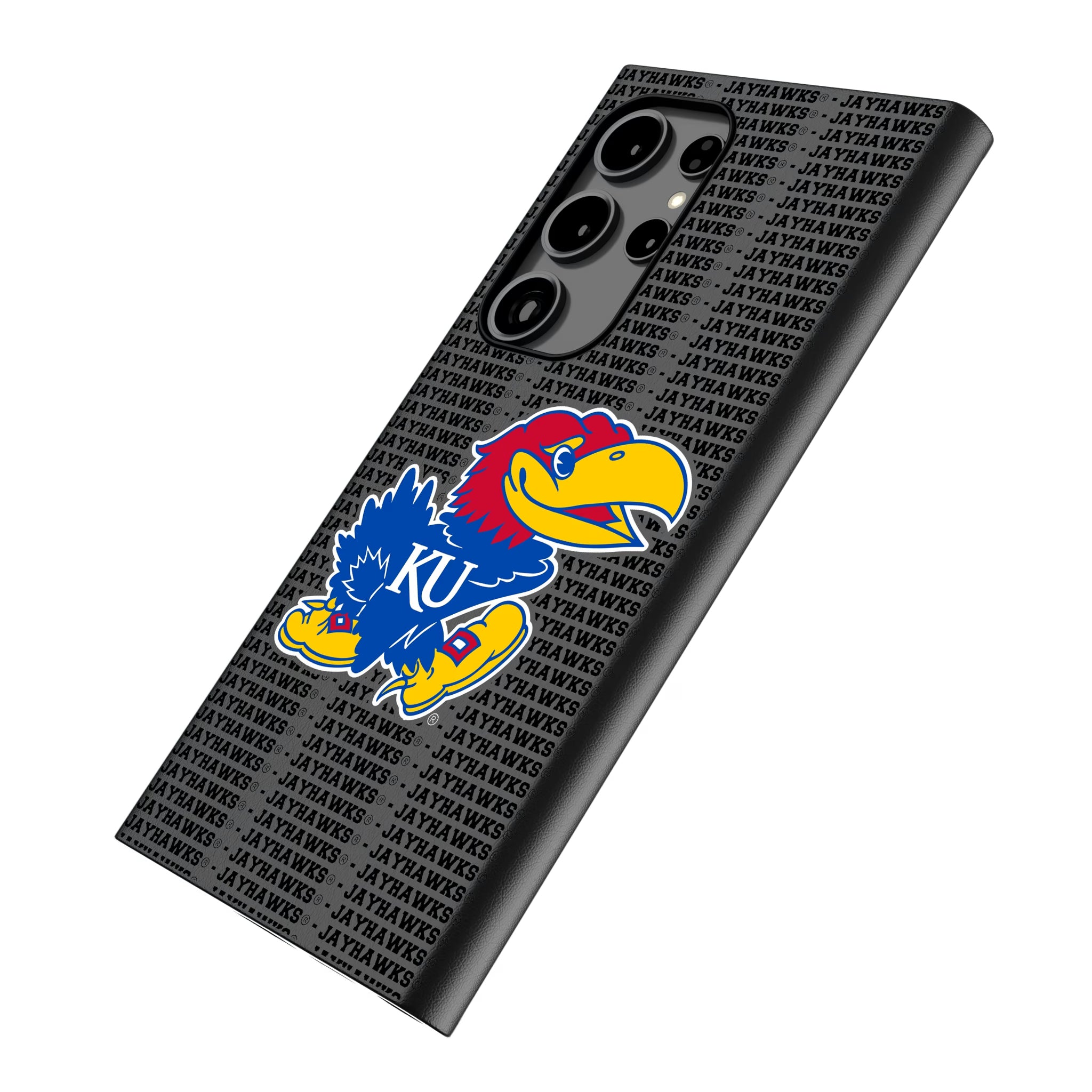 University of Kansas Jayhawks Text Backdrop Galaxy MagSafe Compatible Phone Case for Samsung Galaxy - Isometric View