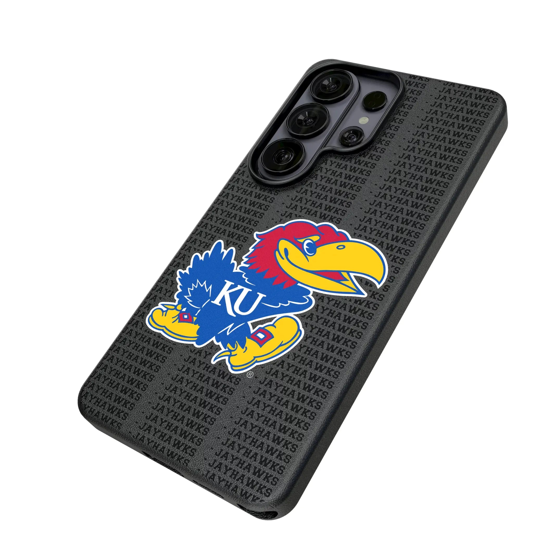 University of Kansas Jayhawks Text Backdrop Galaxy MagSafe Compatible Phone Case for Samsung Galaxy - Isometric View#Device_Galaxy S26 Ultra