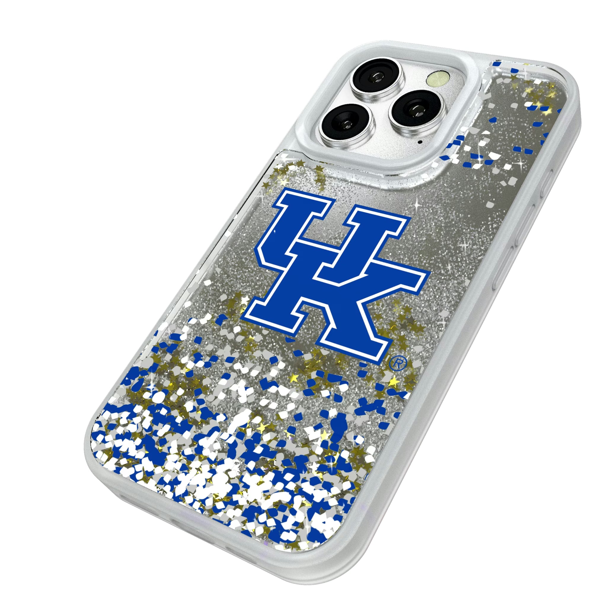 University of Kentucky Wildcats Confetti iPhone Glitter Phone Case for Apple iPhone - Isometric View#Device_iPhone 16 Pro